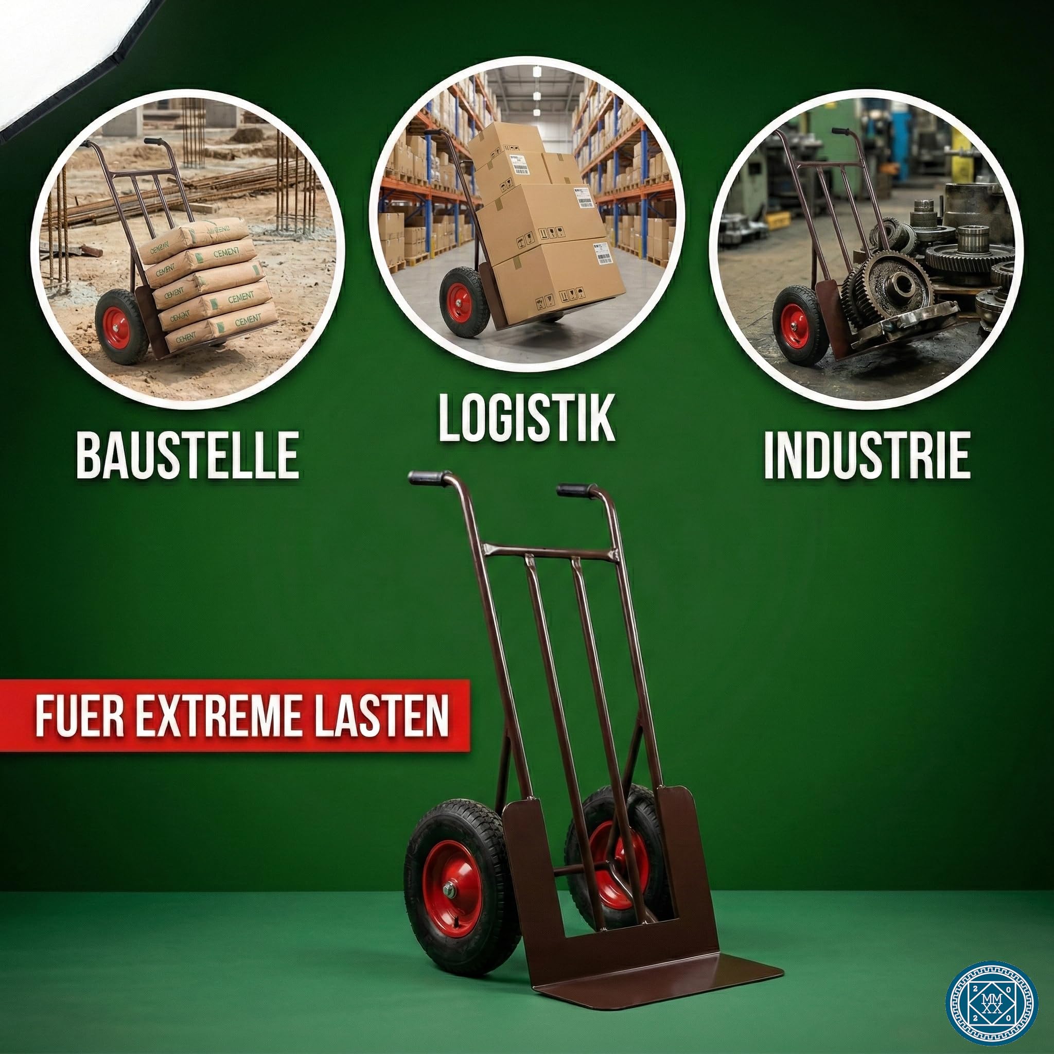Sackkarre 500 kg – Robuste Stapelkarre Luftreifen mit Kugellager, Transportkarre Stahl, Handkarre mit Sicherheitsgriffen und Stahlblechschaufel, Paketkarre Lastenkarre Stahlrohr, Braun