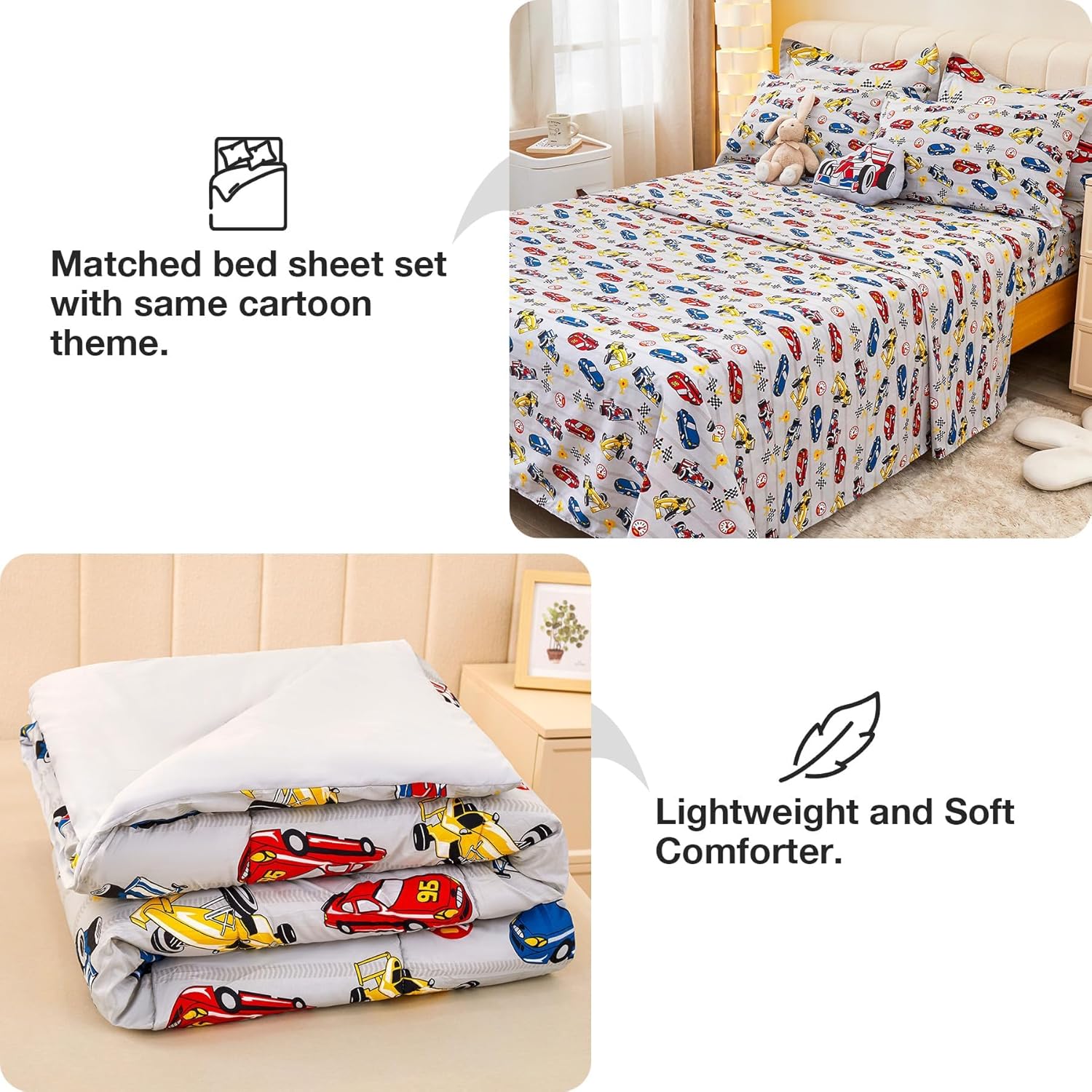 Mooreeke Full Size Comforter Sets for Boys Kids, 8 Pieces Bed in a Bag Racing Car Bedding Comforter Sheet Set with Shams and Decorative Toy Pillow, Ultral Soft Microfiber Kids Bed Set - Image 7