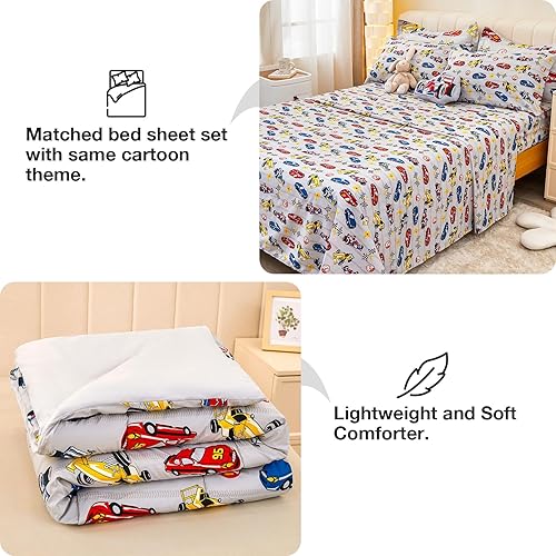 Miniatura 7 de Mooreeke Juego de edredón de tamaño matrimonial para niños y niños, 8 piezas de cama en una bolsa, juego de sábanas de edredón de automóvil de