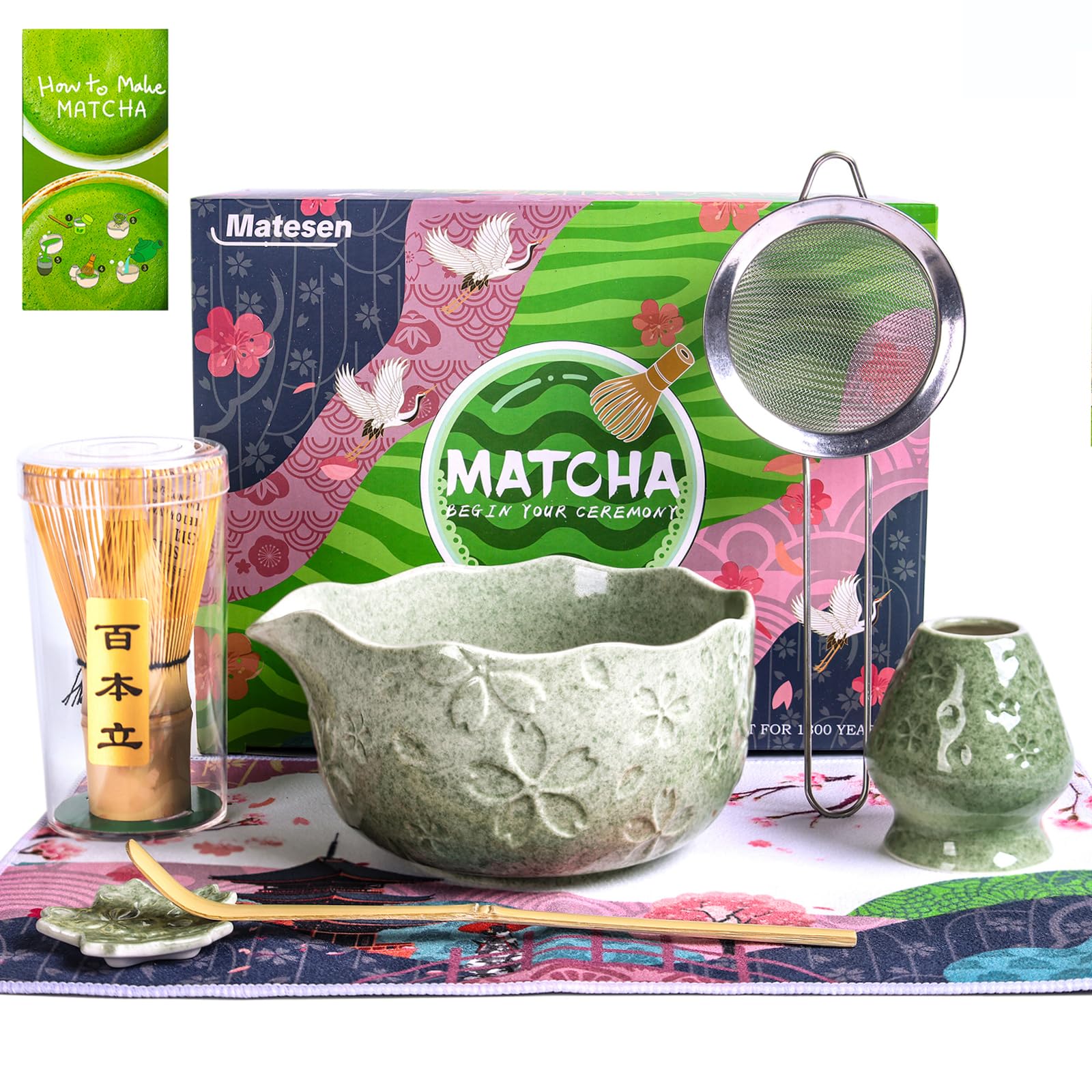Matesen Matcha Set Dunkelgrün, 7-teiliges Premium Starter Set, Matcha Tee Set mit Sieb Chawan und Besen, Zubehör für das traditionelle Matcha Tee Set für Freunde und Familie