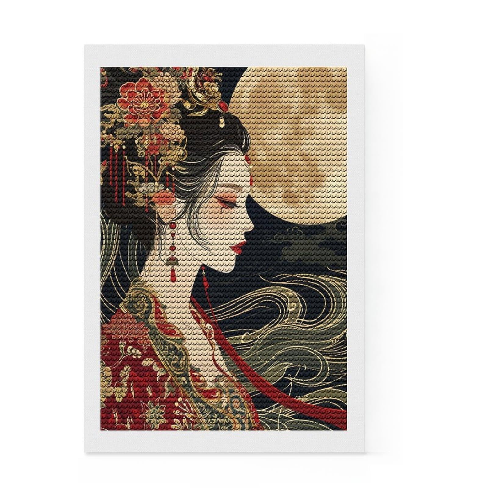 Junmoney Geisha Japanese Diamond Painting Set 8"x12", with Tool Kit, Aesthetic Room Decor, Vintage Style Decor, Relaxing Handmade Project