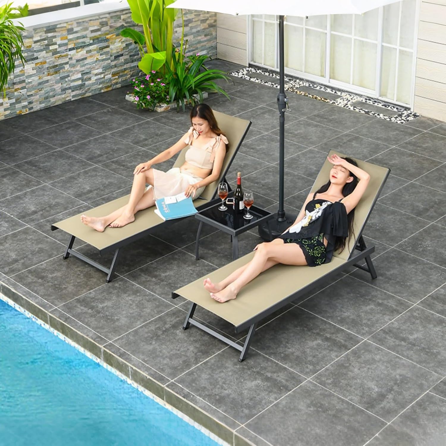 Pool Lounge Chairs,Patio Chaise Lounge Chair,Foldable Patio Furniture Set,Outdoor Chaise Lounge Chair,Aluminum Alloy Frame,4 Positions Adjustable for Poolside, Deck, Sunbathing(Black)