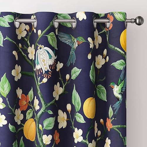 Cortinas florales 100% opacas, cortina negra vintage de colibrí de 84 pulgadas de largo, cortinas de ventana con aislamiento térmico estampado, 2