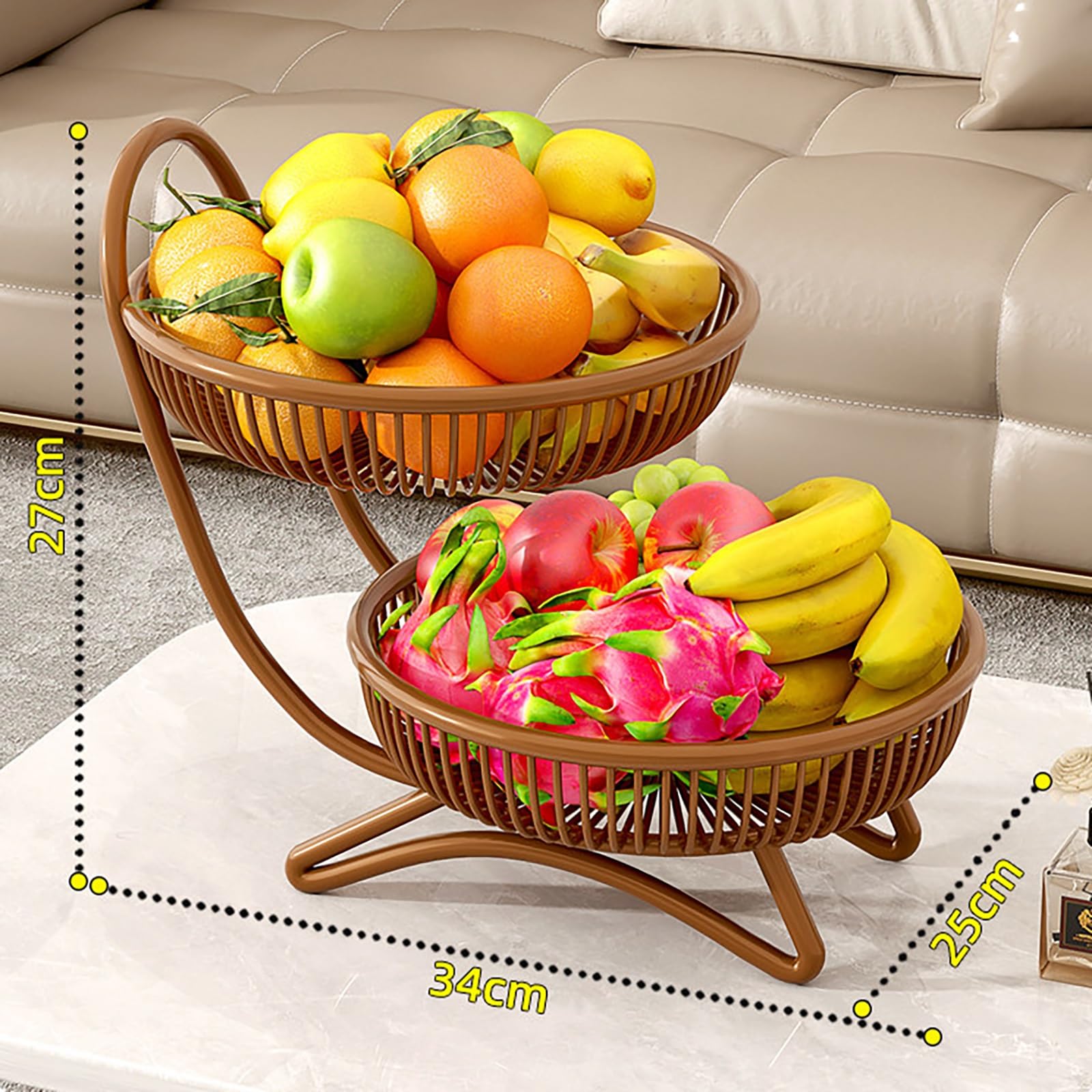Fruteros de Cocina 2 Pisos Metal Lacado Frutero para Encimera Diseño de Una Sola Pieza Base Estable Cesta Frutas Organizador Verduras(Gold,X-Large)