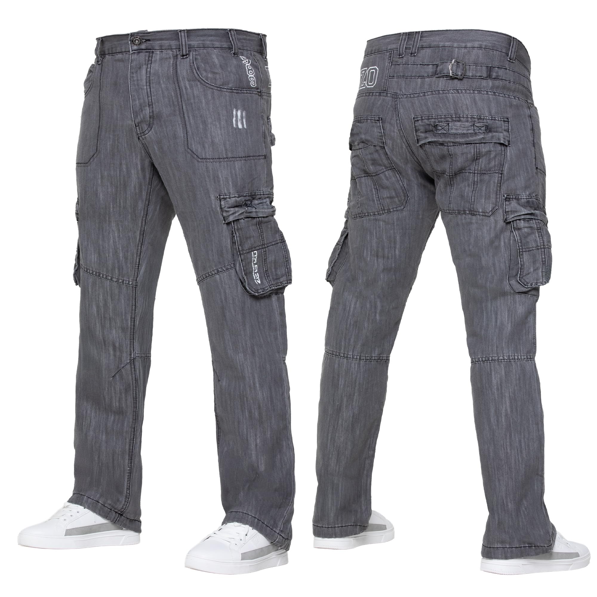 989Zé Enzo Men's Grey Cargo Combat Jeans Casual Cotton Denim Straight Leg Pants Trousers 34W / 32L