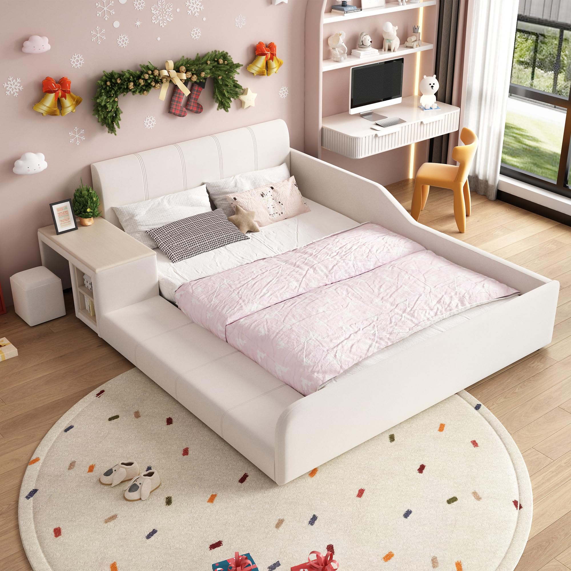 Letto imbottito 140 x 200 cm con scrivania per bambini e sgabello, con ripiano, testiera morbida, culla con doghe in legno, velluto, bianco