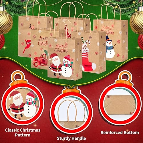 Miniatura 4 de MOORAY Paquete de 24 bolsas de regalo de Navidad con asas, bolsas de papel kraft de Navidad con papel de seda, 7 x 3.15 x 8.7 pulgadas, bolsas de