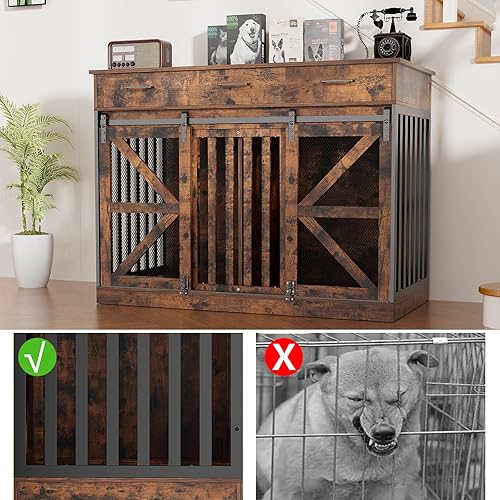 Miniatura 7 de Caja grande para perros de 48 pulgadas con 3 cajones de almacenamiento, perrera de madera con divisor removible, mesa auxiliar de perrera con Marrón