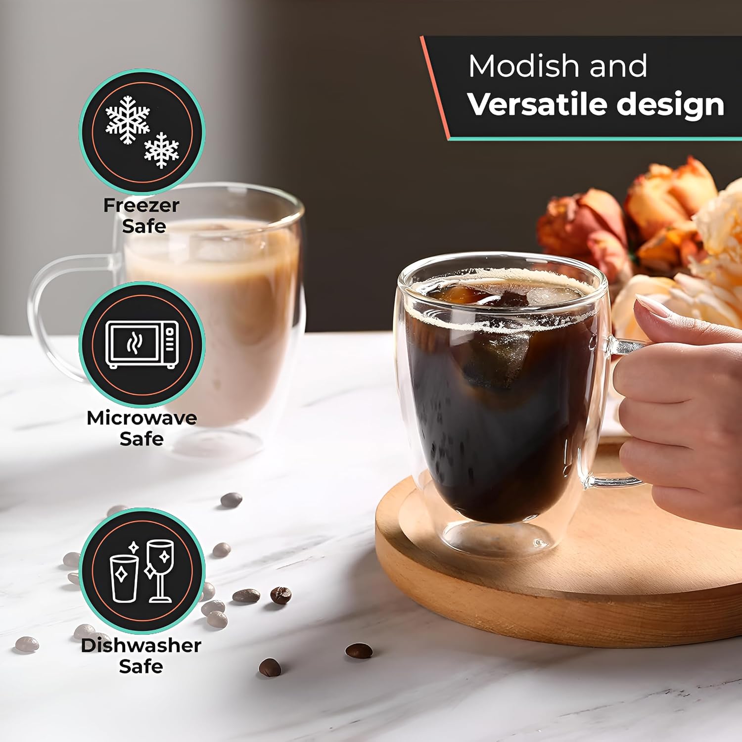 12 Oz Double Wall Borosilicate Insulated Glass Coffee Mug Set of 4, 350ml Coffee Cups with Handle for Cappuccino, Tea, Latte - Perfect Cappuccino Cup Gift