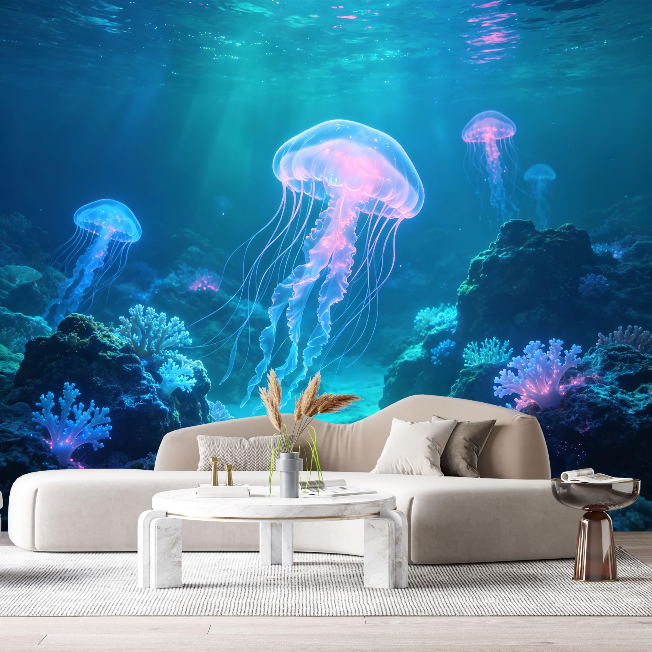 Custom Size Wall Murals Ocean Marine Jellyfish Underwater Coral Reef 3D SelfAdhesiveWall Fabric Removable Wallpaper Wall Decor for Living Room Bedroom Bathroom