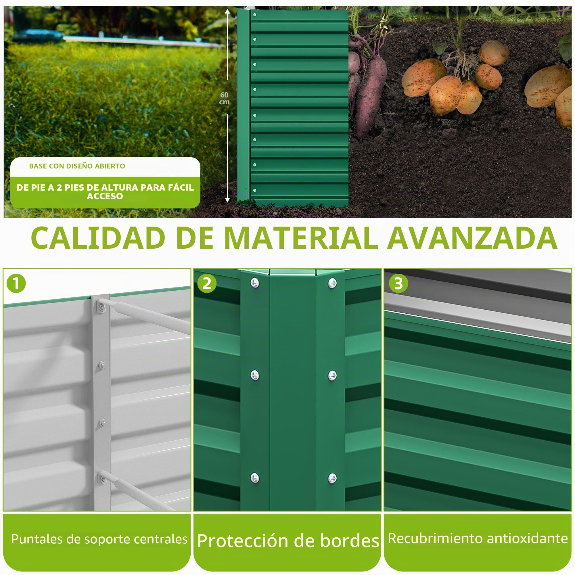 DWVO Bancal de Metal 180 x 90 x 60 cm con Guantes, bancal Alto de Acero Inoxidable y Resistente a la Intemperie, Estable galvanizado con Goma de Seguridad para Verduras, Flores, Frutas, Verde