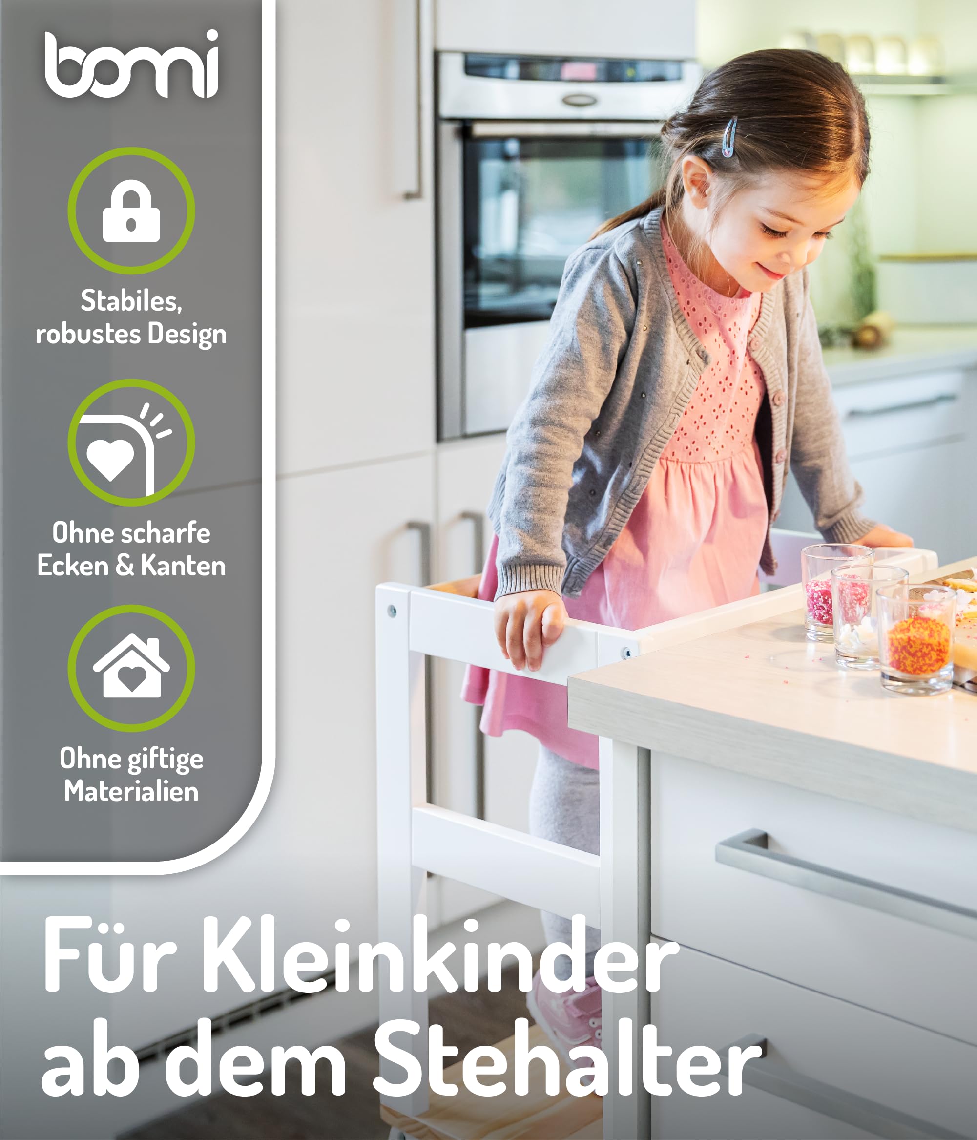 BOMI® Swubi Montessori Lernturm ab 1 Jahr | Sicherer Tritthocker Kinder 2 Stufen | Learning Tower für Kind & Baby aus Holz | Schemel, Lernstuhl als Stehhilfe, Tritthocker Holz, Kinderhocker Weiß Natur