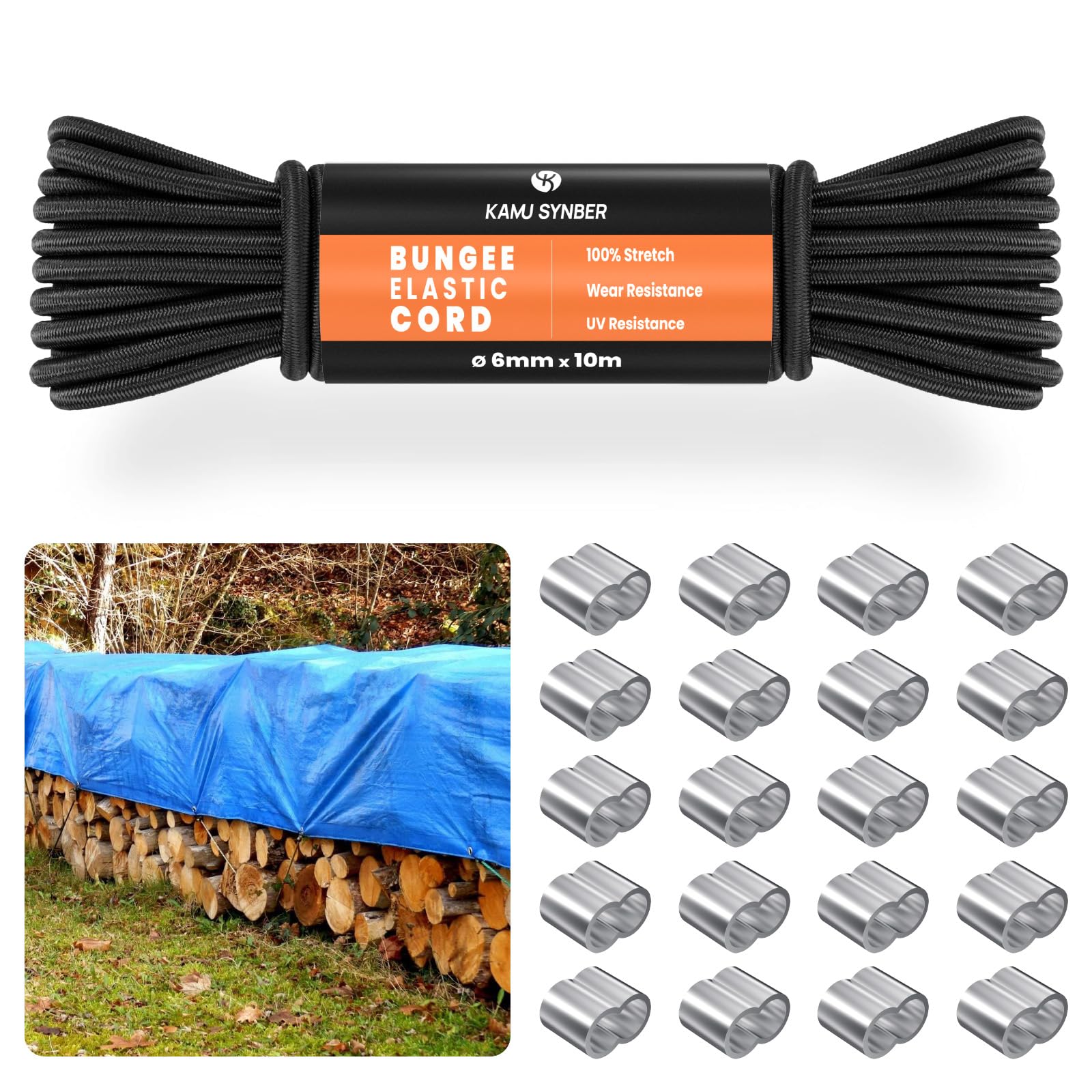 Kamu Synber 6mm x 10m Bungee Cord Elastic Shock Cord Bungee Rope for Trailer, Tarpaulin, Camping, Kayak, Luggage | 20 x Aluminum Loops | Black