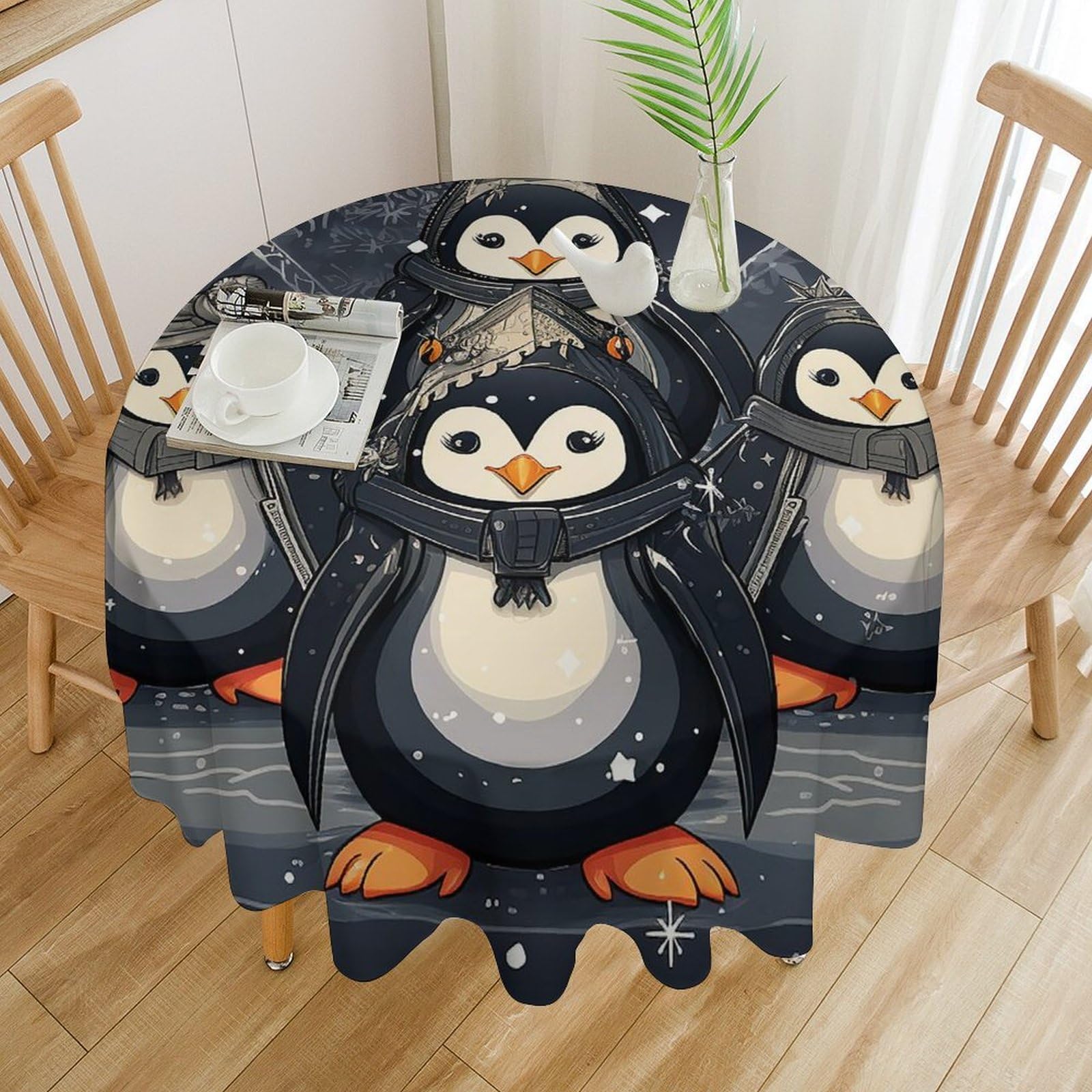 Nappe de table ronde imperméable pingouins d'hiver lavable 152 cm pour repas de fête et terrasse