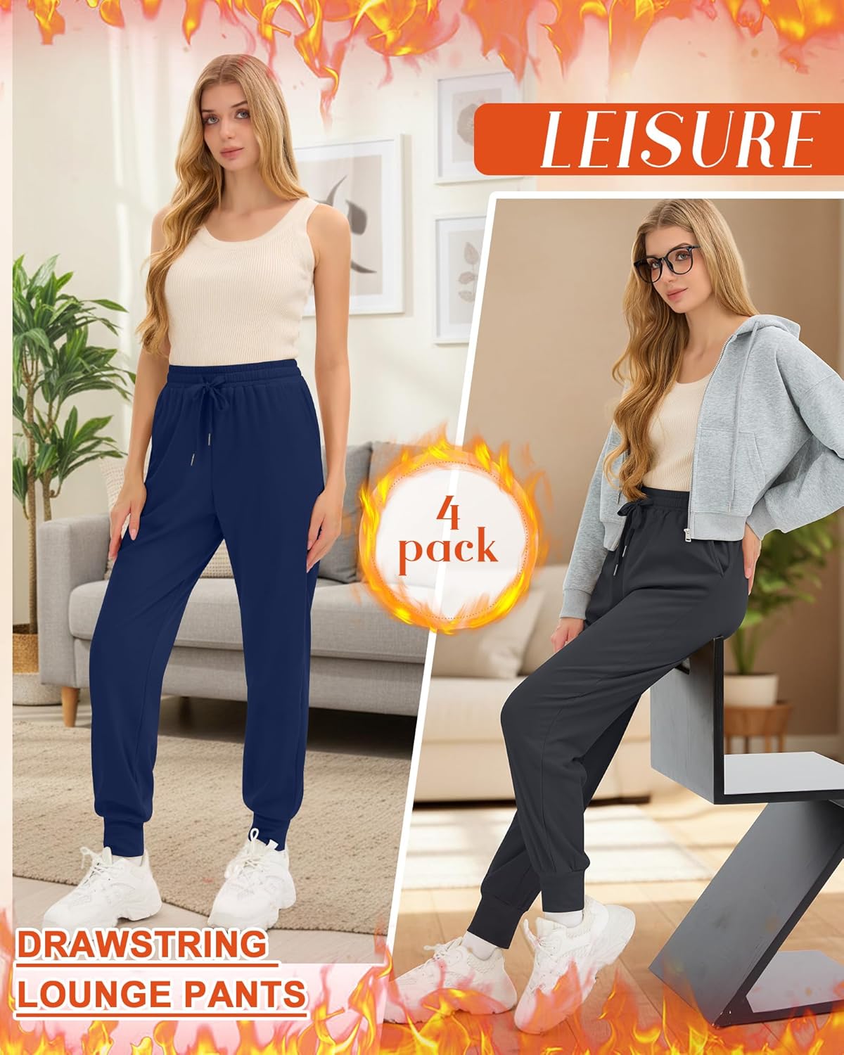 4 Pack Women's Fleece Joggers Winter Drawstring Lounge Sweatpants Thermal Workout Yoga Pants with Pocket - Image 5