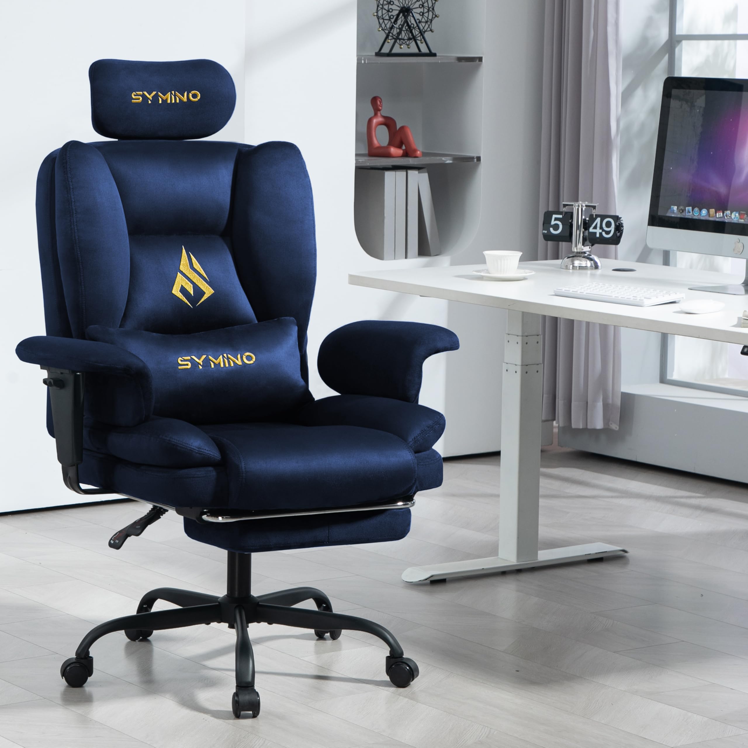 Symino Sedia direzionale da ufficio, ergonomica, in finta pelle scamosciata, con funzione basculante, regolabile in altezza, 130 kg, blu scuro