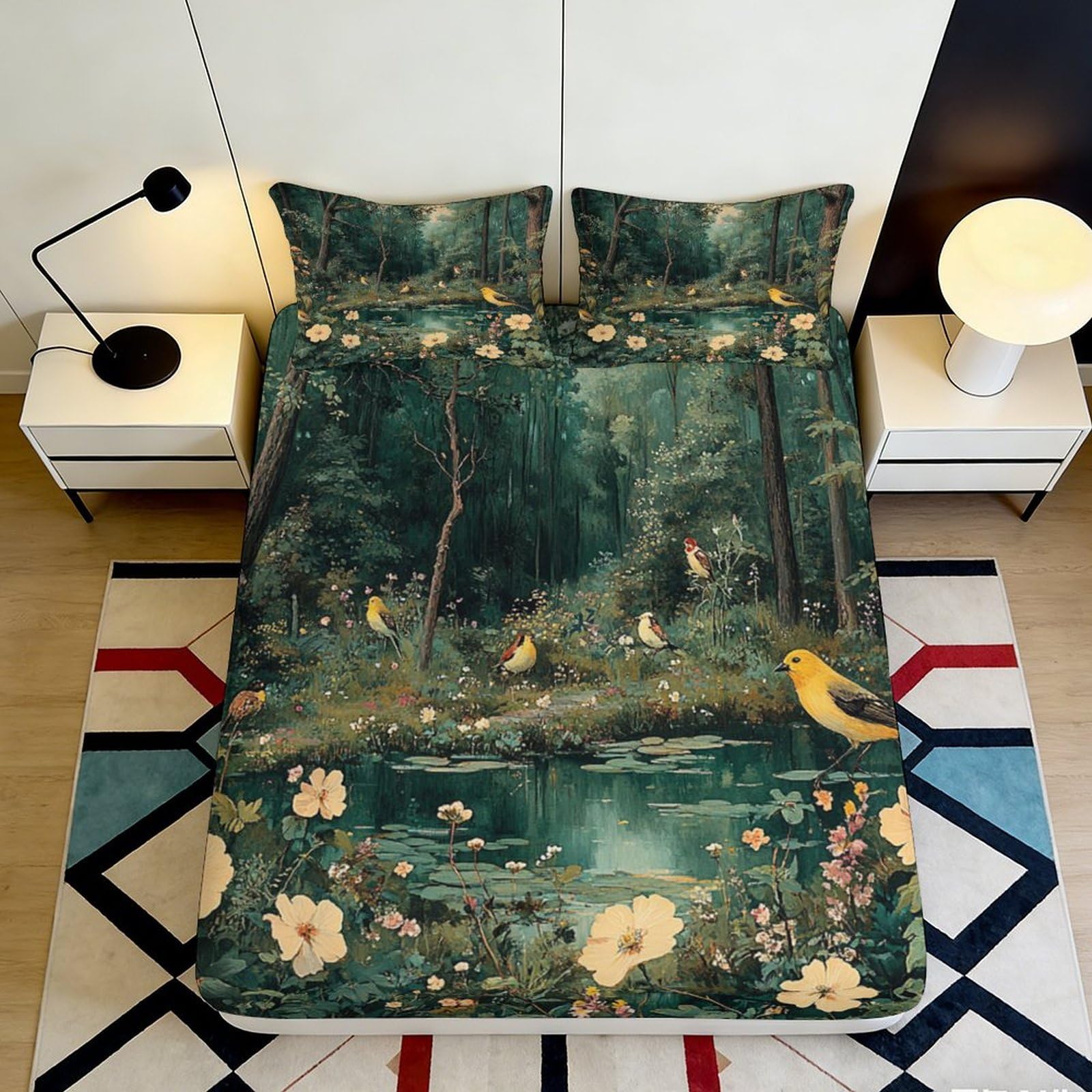 3D Printed Forest Birds Fitted Sheet Microfiber Deep Green Pond Bed Cover for Bedroom Guest Room Decor Washable 90x200x25cm