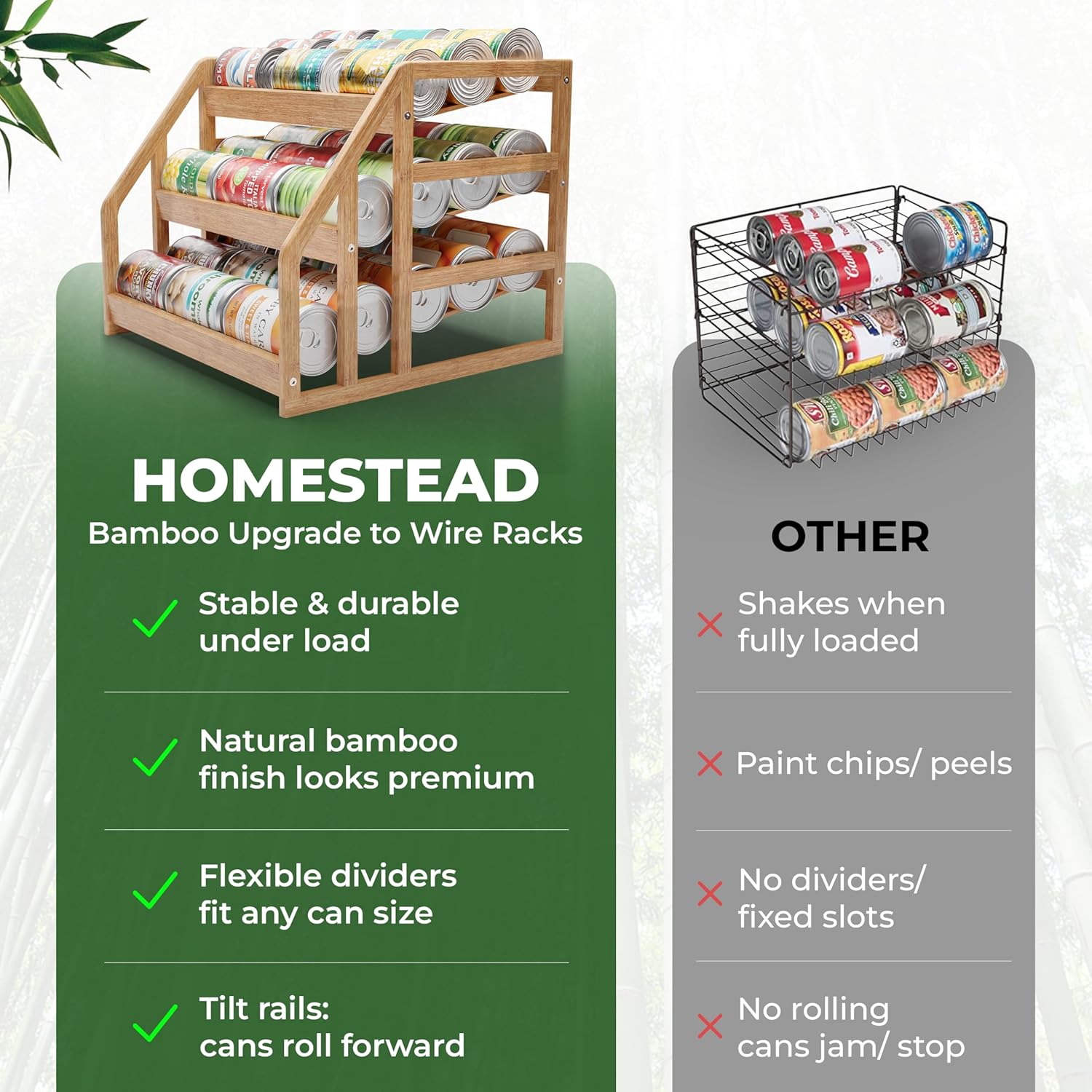 HOMESTEAD Bamboo Can Organizer for Pantry - 3 Tier Rack with Adjustable Dividers, Gravity Feed Canned Goods Organizer, 36 Cans Soda Storage