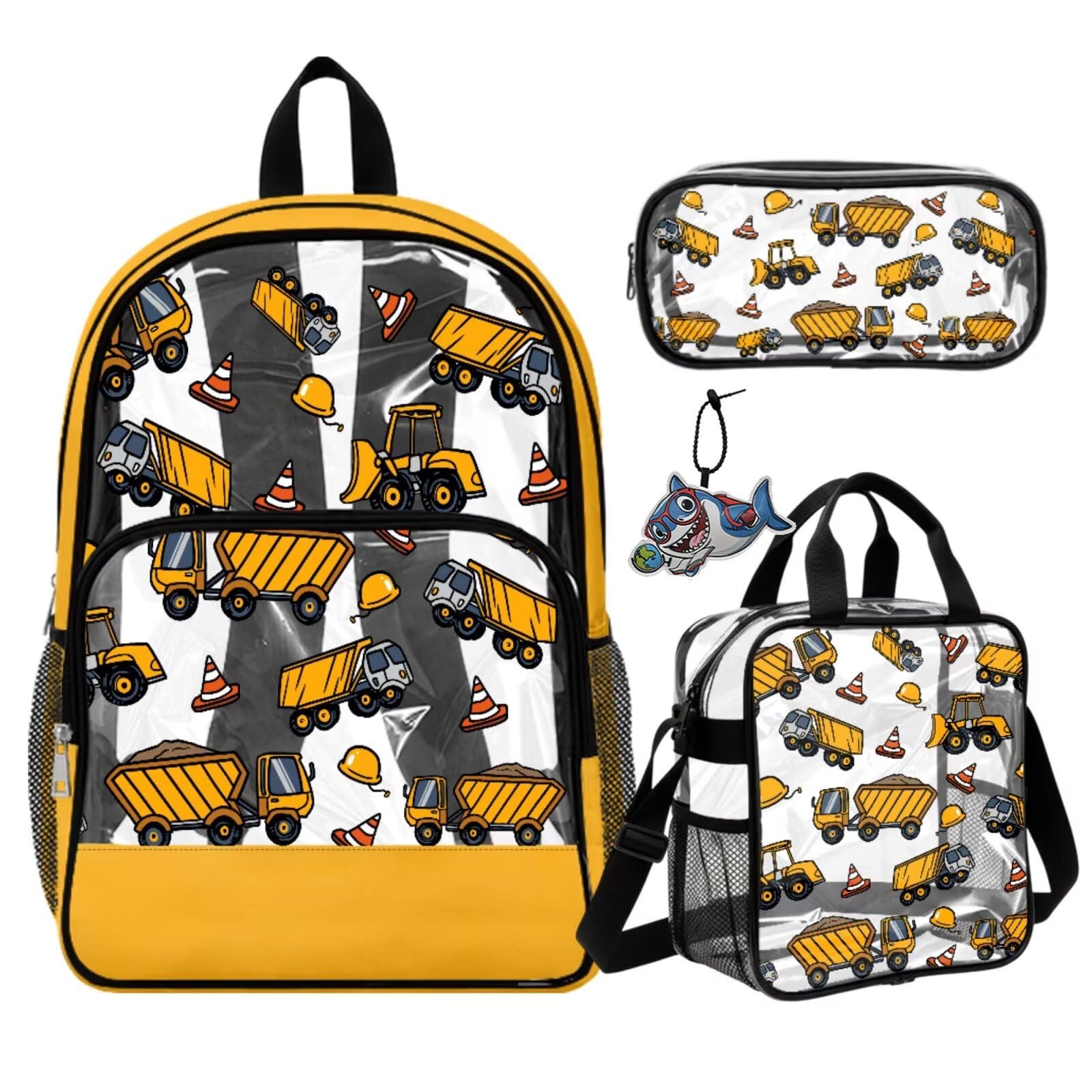 COEQINE Zaino trasparente da 4 pezzi per ragazzi 8-12 bambini borsa per libri scolastici con astuccio in PVC grande scatola per il pranzo Bookbag portachiavi, Costruzione Auto Giallo