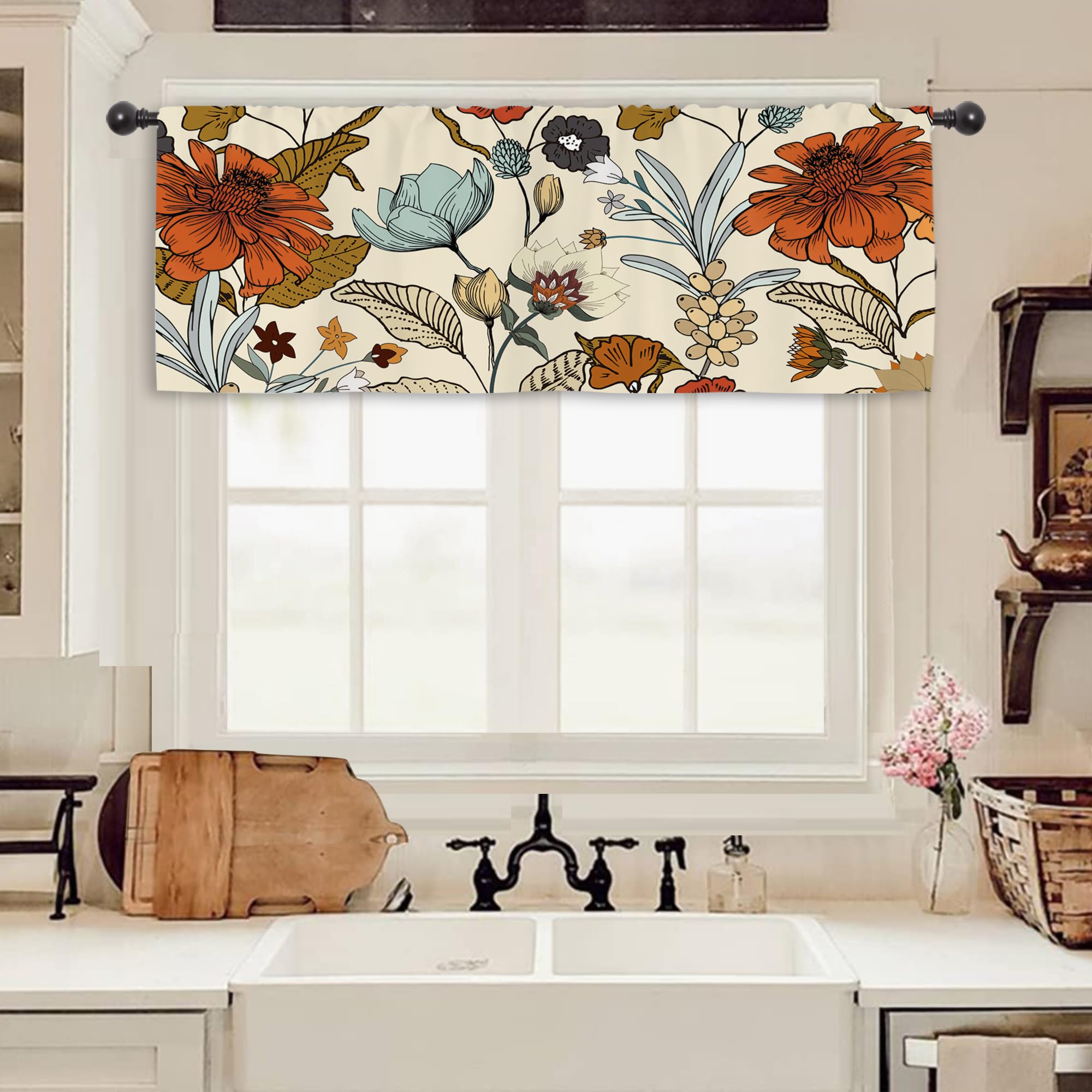 Cenefa de cortina de cocina con bolsillo para barra y un hermoso diseño retro de naranja quemado