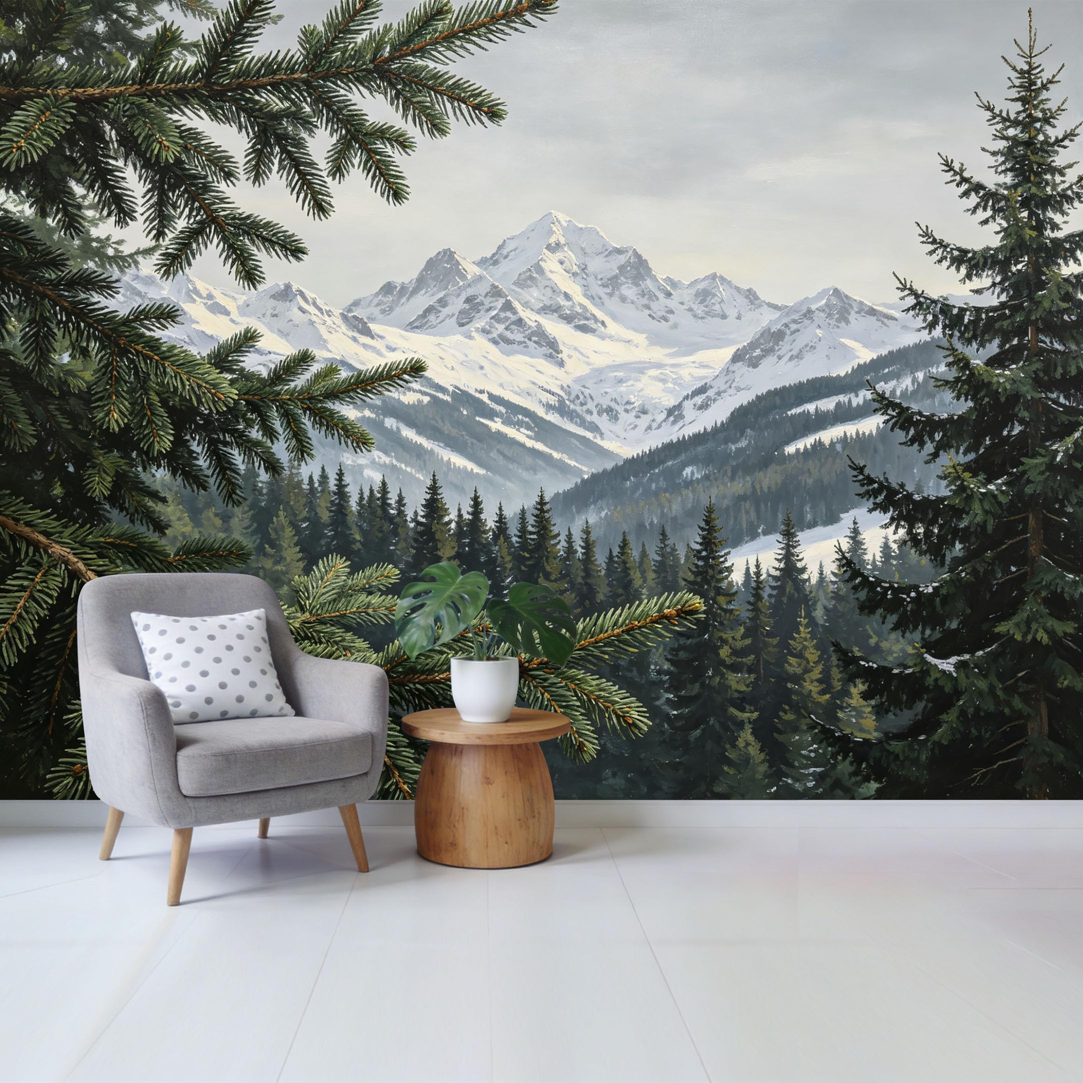 Qzlithotic Yq2605250590 Custom Size Wall Mural Snowy Peak Pine Forest Mountain Landscape Oil Painting Selfadhesive Wall Fabric Removable Wallpaper For Home Office Decor