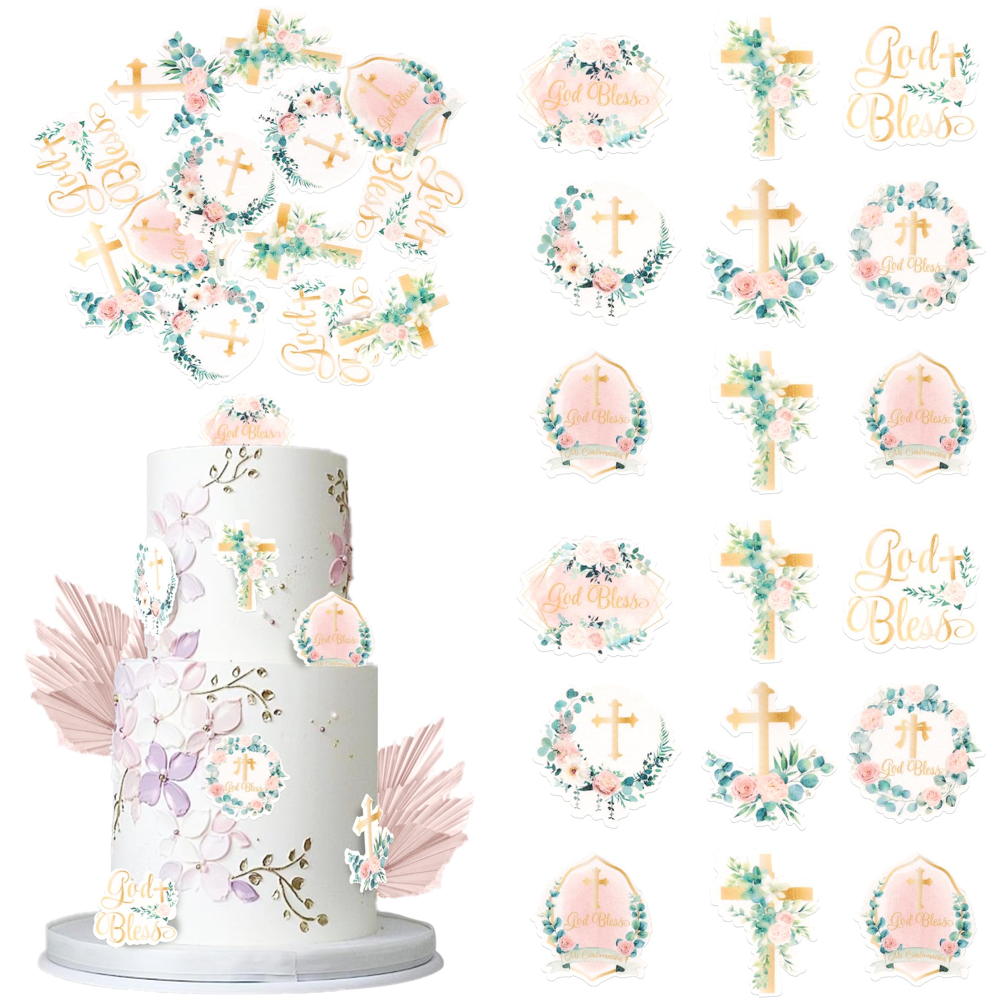 Xsstarmi 60 Pack Edible God Bless Cupcake Toppers Cross Pink Wreath Cupcake Picks for Christian Baptism Baby Shower Girls First Communion Party Cake Decorations