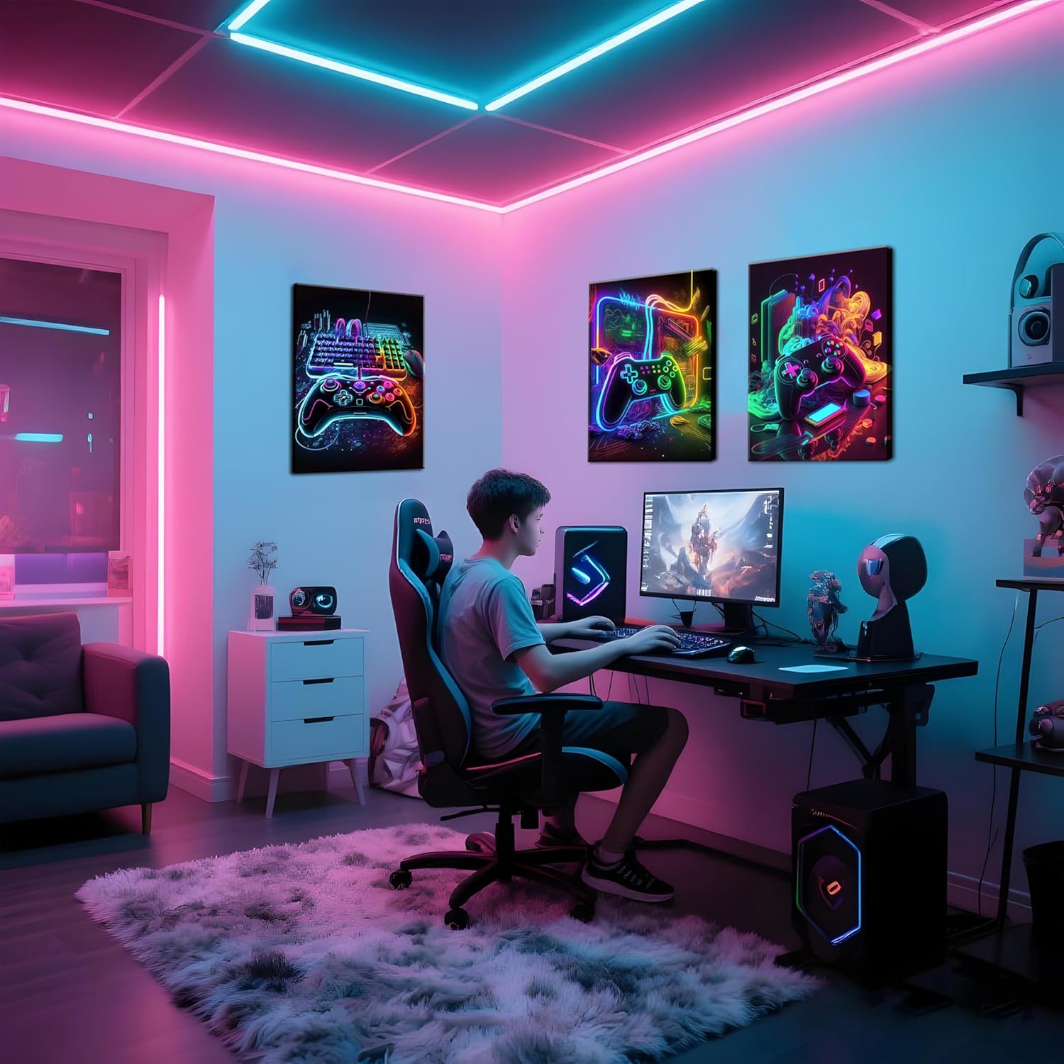 MUWAK Gamer Room Decor Picture Canvas Wall Art for Teen Boys Room - Cool Colorful Accessories Gaming Theme Wall Decor Set of 3 - Game Paintings Print for Youth Boys Bedroom 12x16 inch