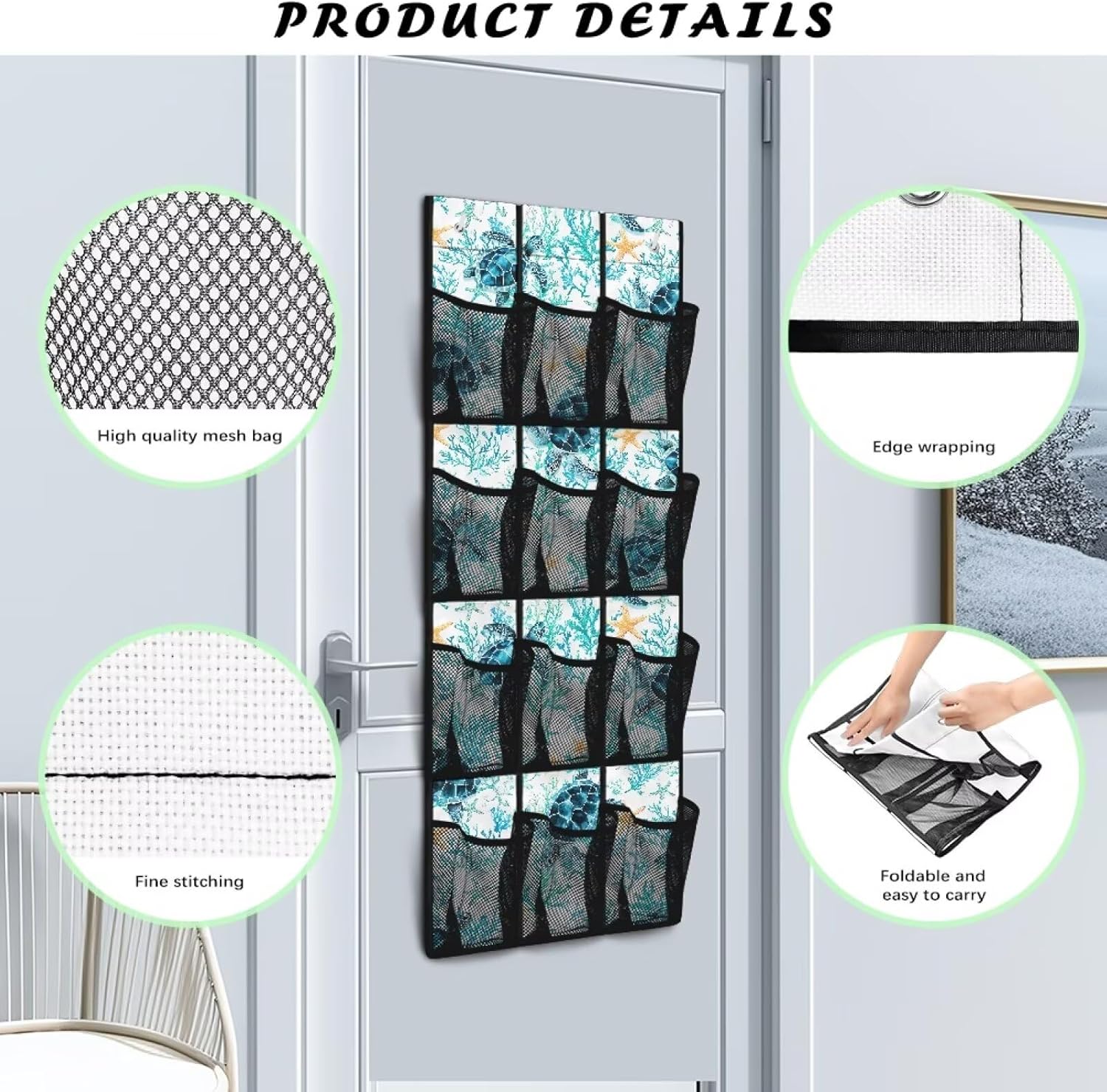 Blue Sea Turtle Behind The Door Shoe Organizer, 12 Pockets Ocean Theme Hanging Rack for Bathroom & Beach House, No Drill Storage for Toys & Toiletries