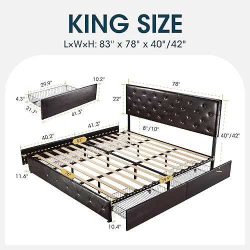 Miniatura 91 de WEEWAY Base de cama de plataforma tamaño Queen con 4 cajones de almacenamiento, cabecera capitonada con botones de costura de diamante, base de