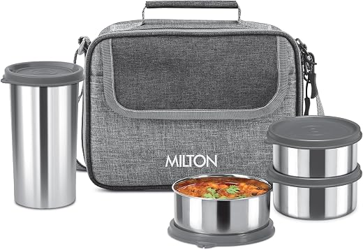 MILTON Daily Meal Lunch Box with Unisex Bag, 3 Stainless Steel Containers 300 ml Each &amp; Tumbler 400 ml, Leak-Proof Tiffin ...