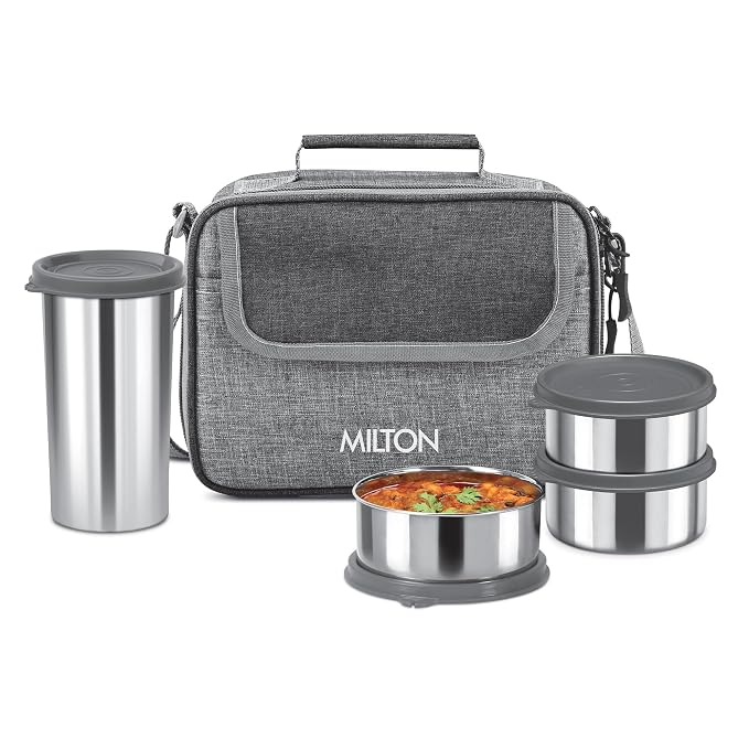 MILTON Daily Meal Lunch Box with Unisex Bag, 3 Stainless Steel Containers 300 ml Each & Tumbler 400 ml, Leak-Proof Tiffin for Office, College, Picnic, Grey