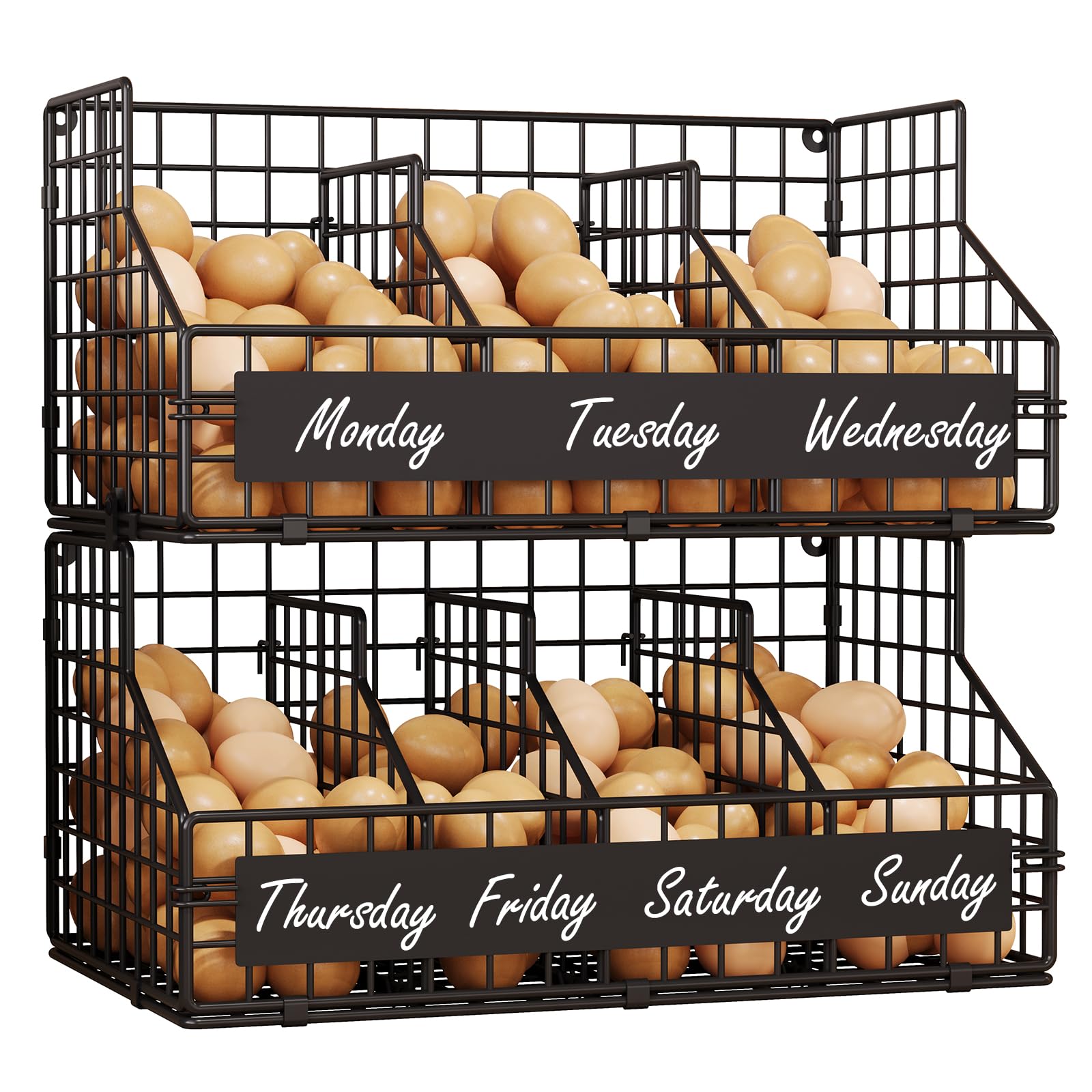 keomaisyto Fresh Egg Holder with 5 Dividers to Separate Eggs for a Week, 2 Tier Stackable Wire Baskets for Gathering Eggs, XXL Egg Rack for Countertop/Wall-Mounted, With DIY Labels (Patent Pending)