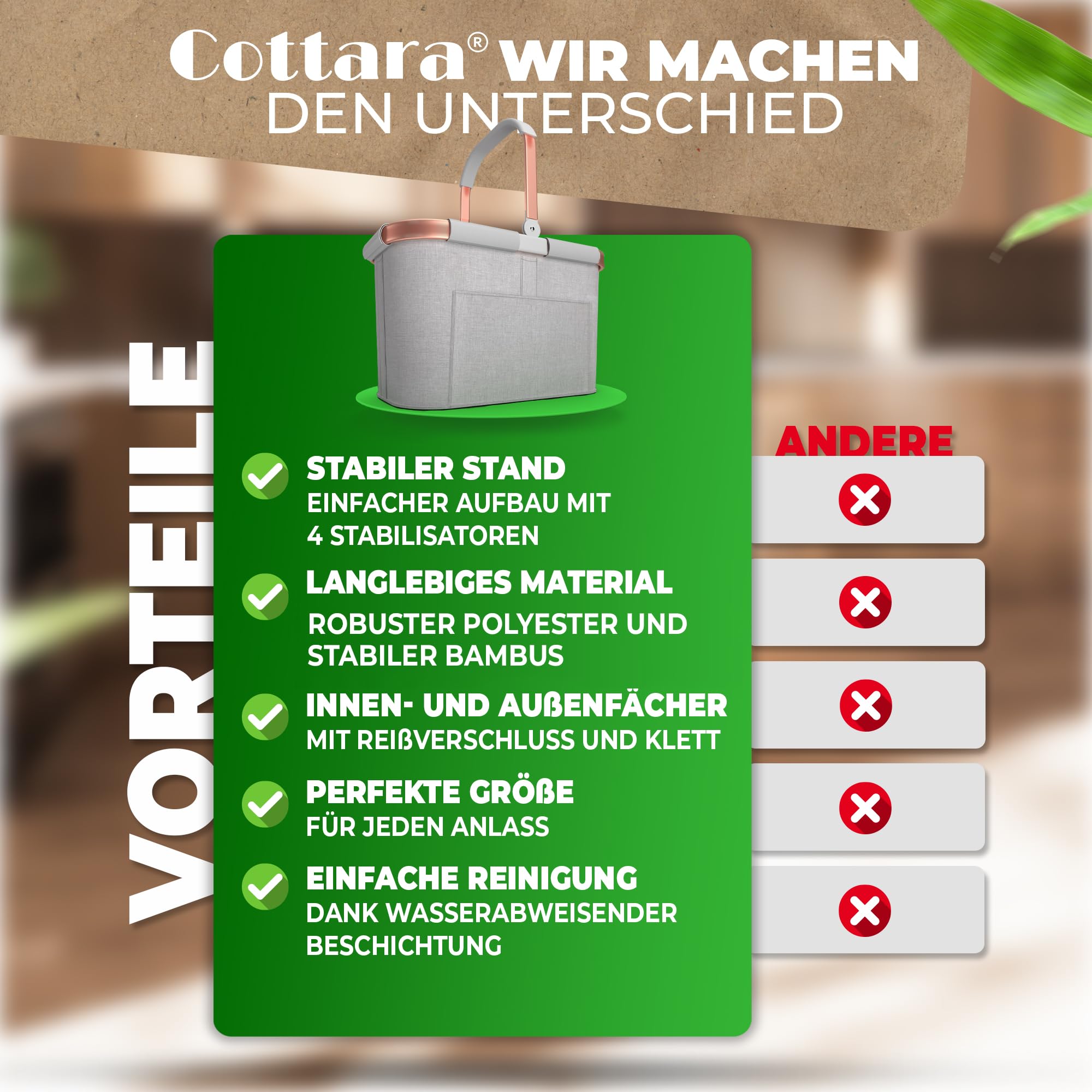 Cottara 30l stabiler Einkaufskorb groß | Tragekorb mit Henkel und verstärktem Boden, Frontfach und Innentasche mit Reißverschluss | Ideal als Einkaufstasche, Picknickkorb oder Shopper (Hellgrau Rose)