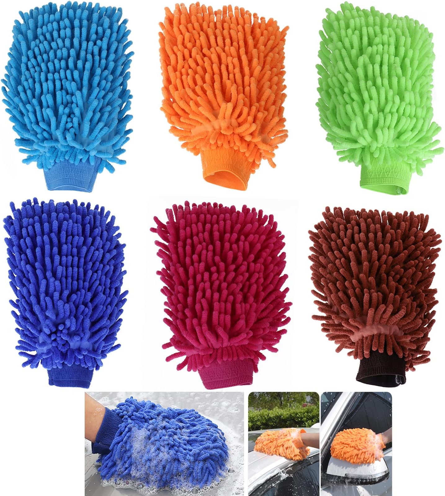 6PCS Chenille Car Wash Mitt, Double Sided Microfiber Mittens, Ultra Soft Noodle Car Cleaning Mitts
