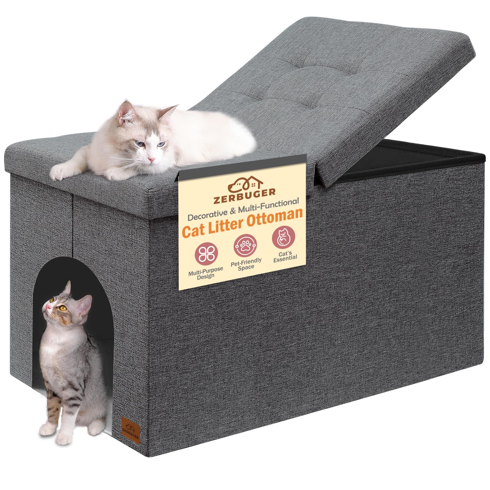 Cat Litter Box Enclosure Furniture for Odor Control, Hidden Cabinet Cats Litter Ottoman with Flip-Up Lid,Cat Litter Box Bench with Storage Space, Dog Proof(Grey, Large)
