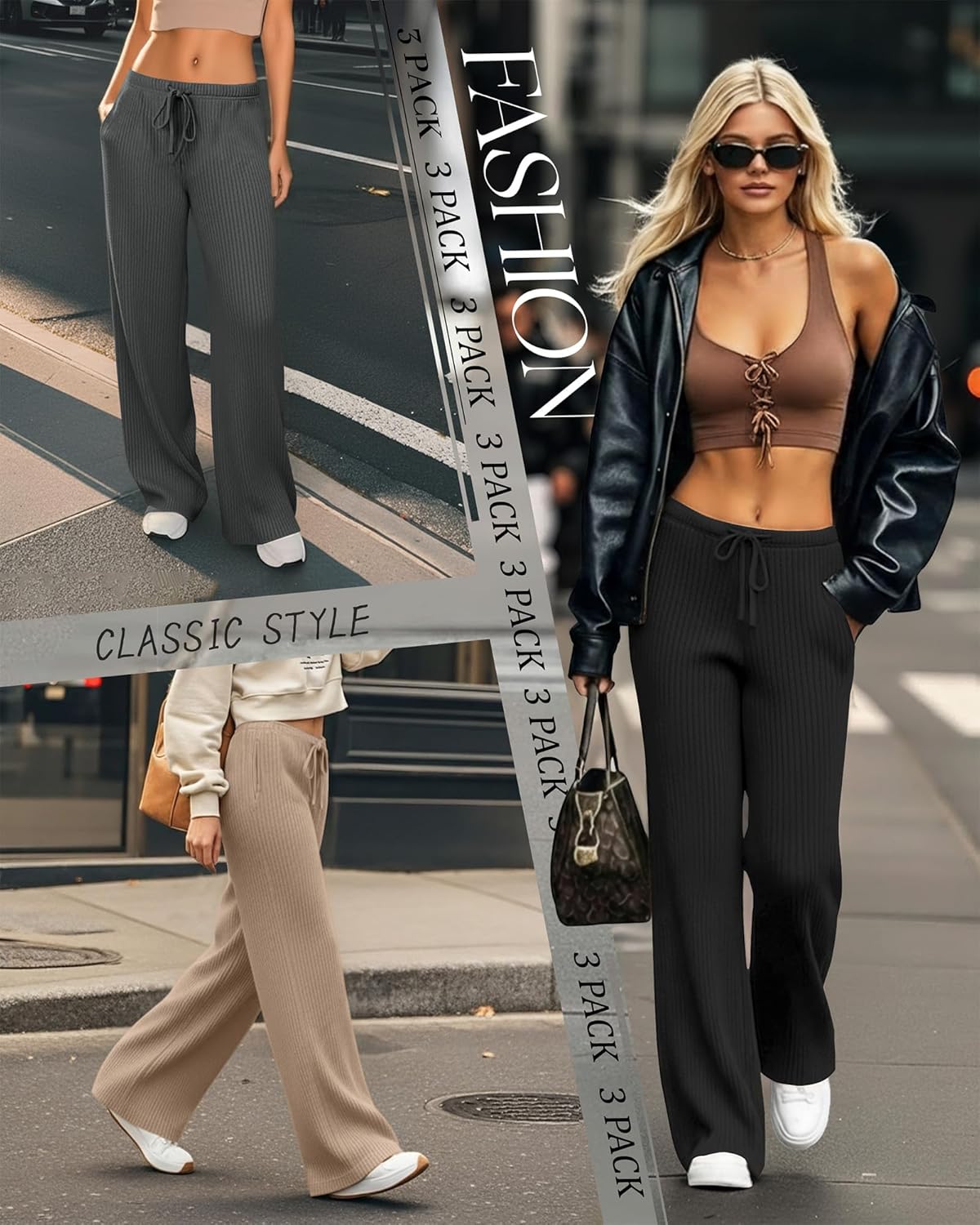 3 Pack Women's Ribbed Knit Lounge Pants Comfy Wide Leg Slacks with Pockets Loose Yoga Sweatpants Casual Joggers - Image 2