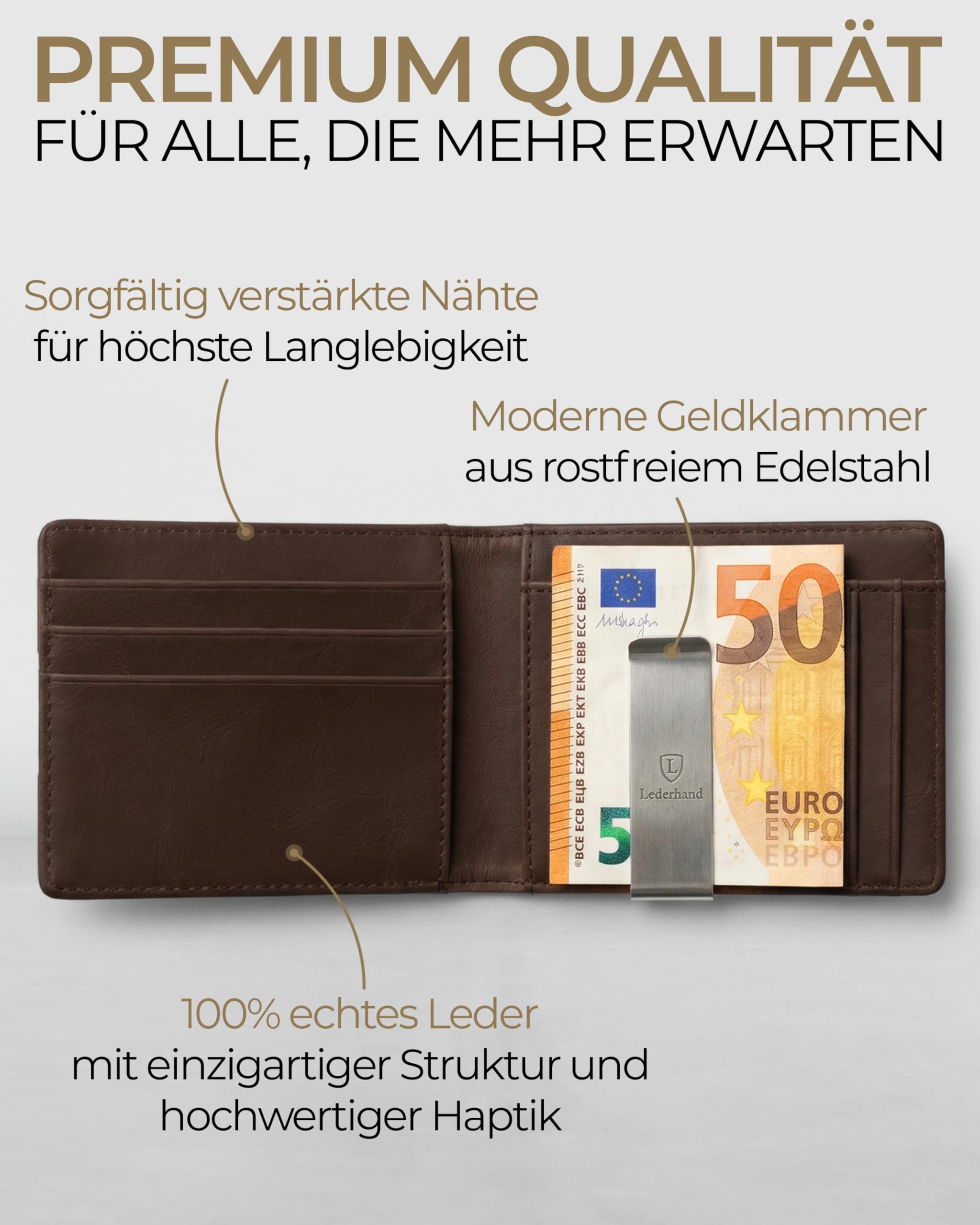 LEDERHAND iSlim - Nappa Leder Geldbeutel mit Geldklammer OHNE Münzfach, 9 Kartenfach Premium Geldbörse RFID NFC - Schutz Slim - Wallet Echtleder Geschenk |(Schwarz/Schwarz)