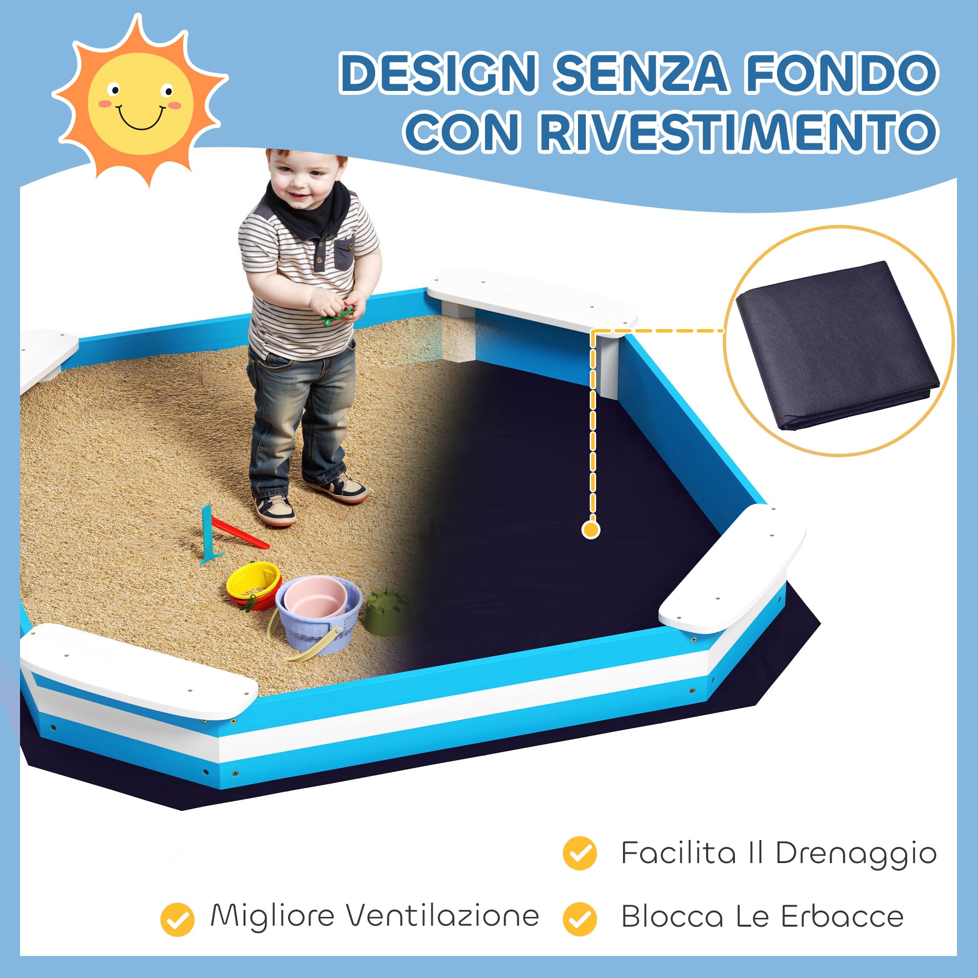 AIYAPLAY Sabbiera per Bambini con 4 Sedute Angolari, Sabbionaia in Legno con Fondo Aperto, Età 3-6 Anni, 133x133x16 cm, Blu e Bianco