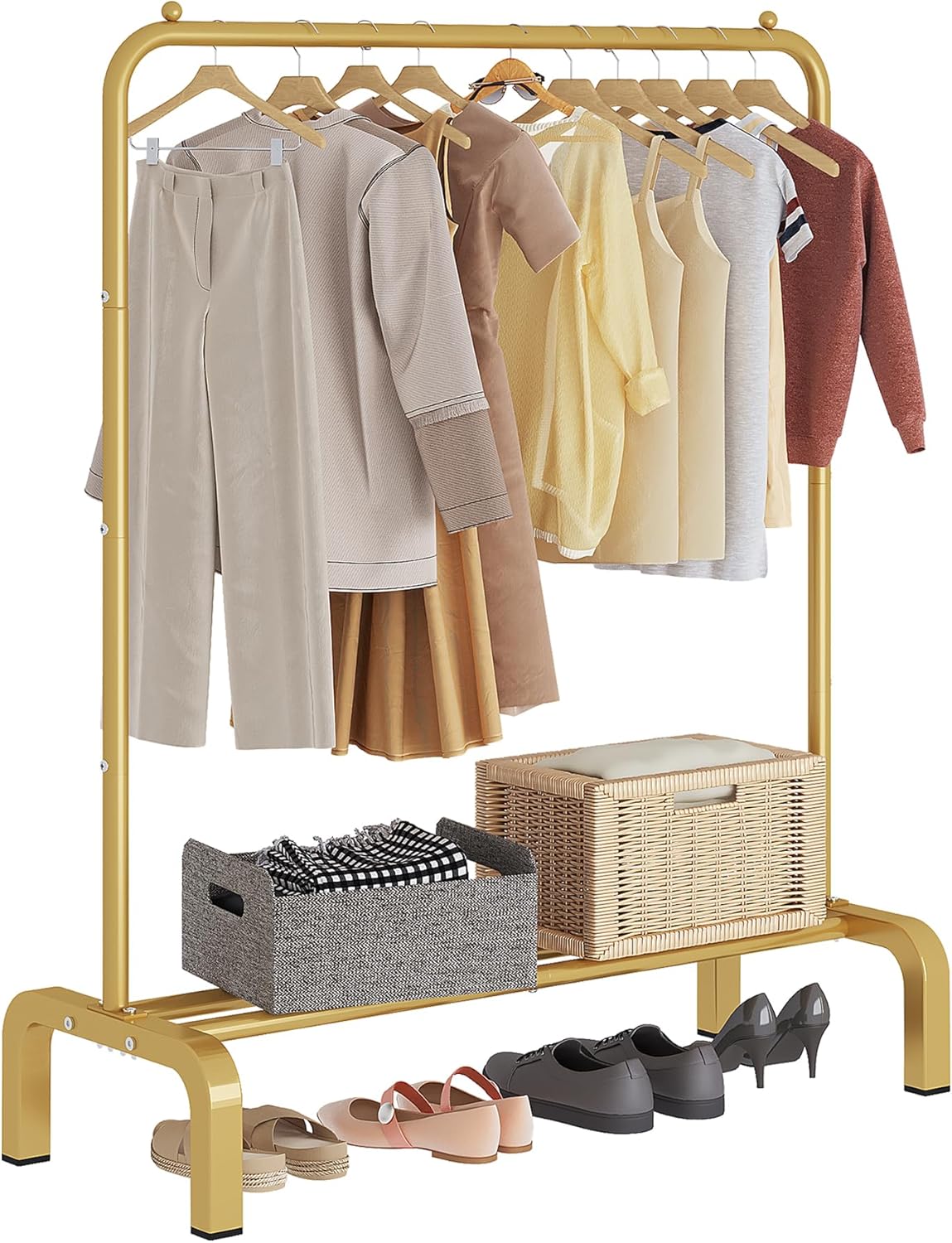 JIUYOTREE Standard Clothes Clothing Garment Rack with Storage Shelves Clothes Organizer for Hanging Clothes Coat Jacket Shirt Sweater Jeans Gold Gold 16.7"D x 34"W x 58"H