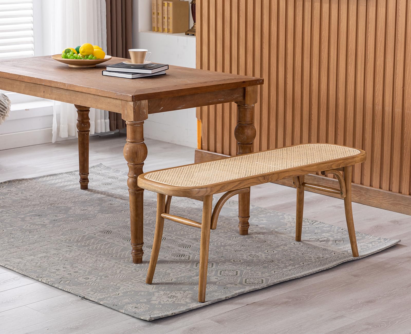 Ya-Home Banc de Salle à Manger Rotin Banquette Ottoman Bois Rétro Banc d'Entrée, Jaune | Style moderne du milieu du siècle, cadre en bois massif, coins arrondis de sécurité, pour salle à manger/entrée/chambre/salon
