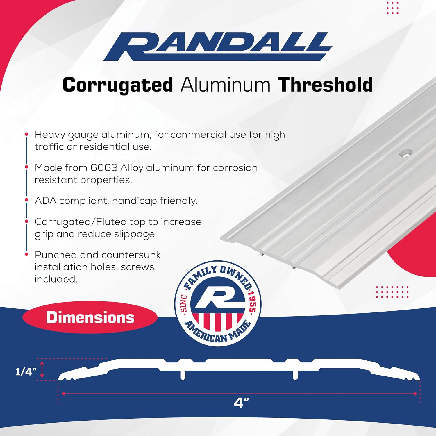 4" Wide x 1/4" High Aluminum Door Threshold Transition Strip 36" Long