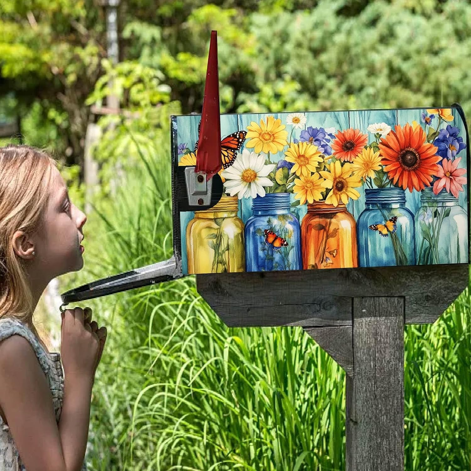 Yellow Butterfly Mailbox Cover Waterproof Mailbox Covers Sunflower Daisy Pattern Standard Size 21 x 18 Inch Polyester Post Letter Box Decoration for Garden Home Buckle Design Non Magnetic