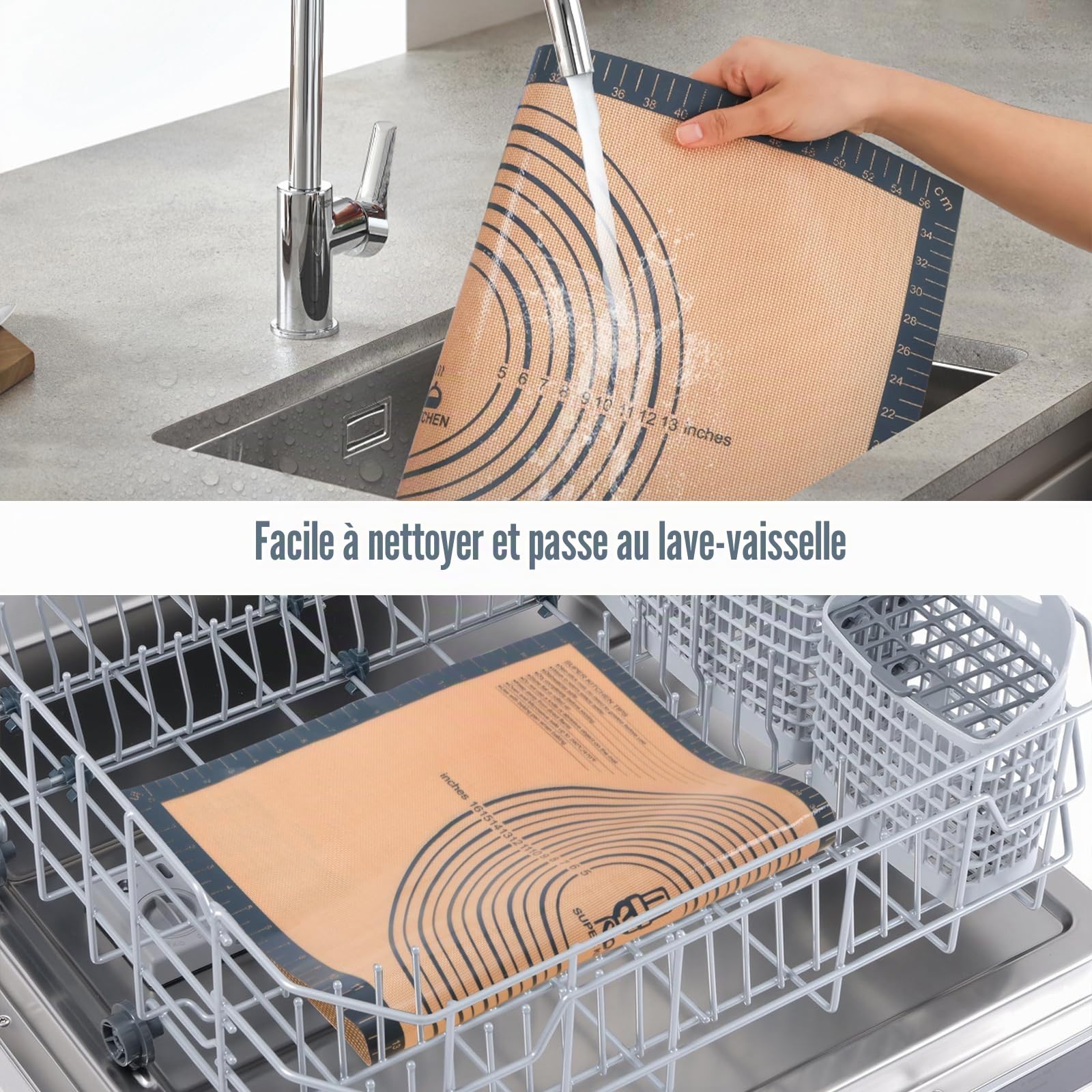 Tapis à Pâtisserie en Silicone Antidérapant 71×51cm avec Grattoir à Pâte Gris