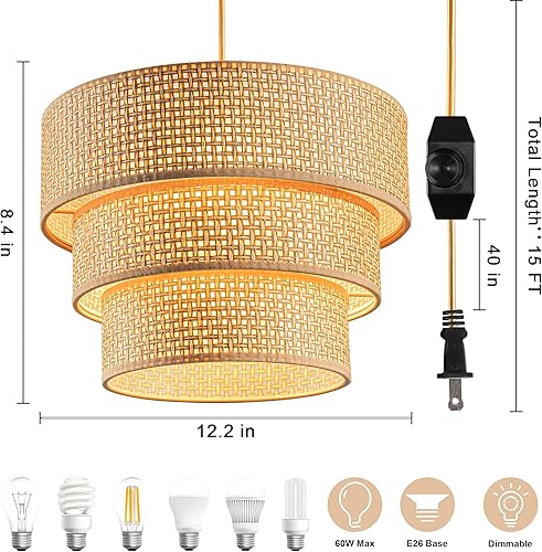 Miniatura 3 de Lámpara colgante enchufable, lámpara colgante con interruptor regulable, lámparas colgantes de ratán con cable de 15 pies, lámpara bohemia con