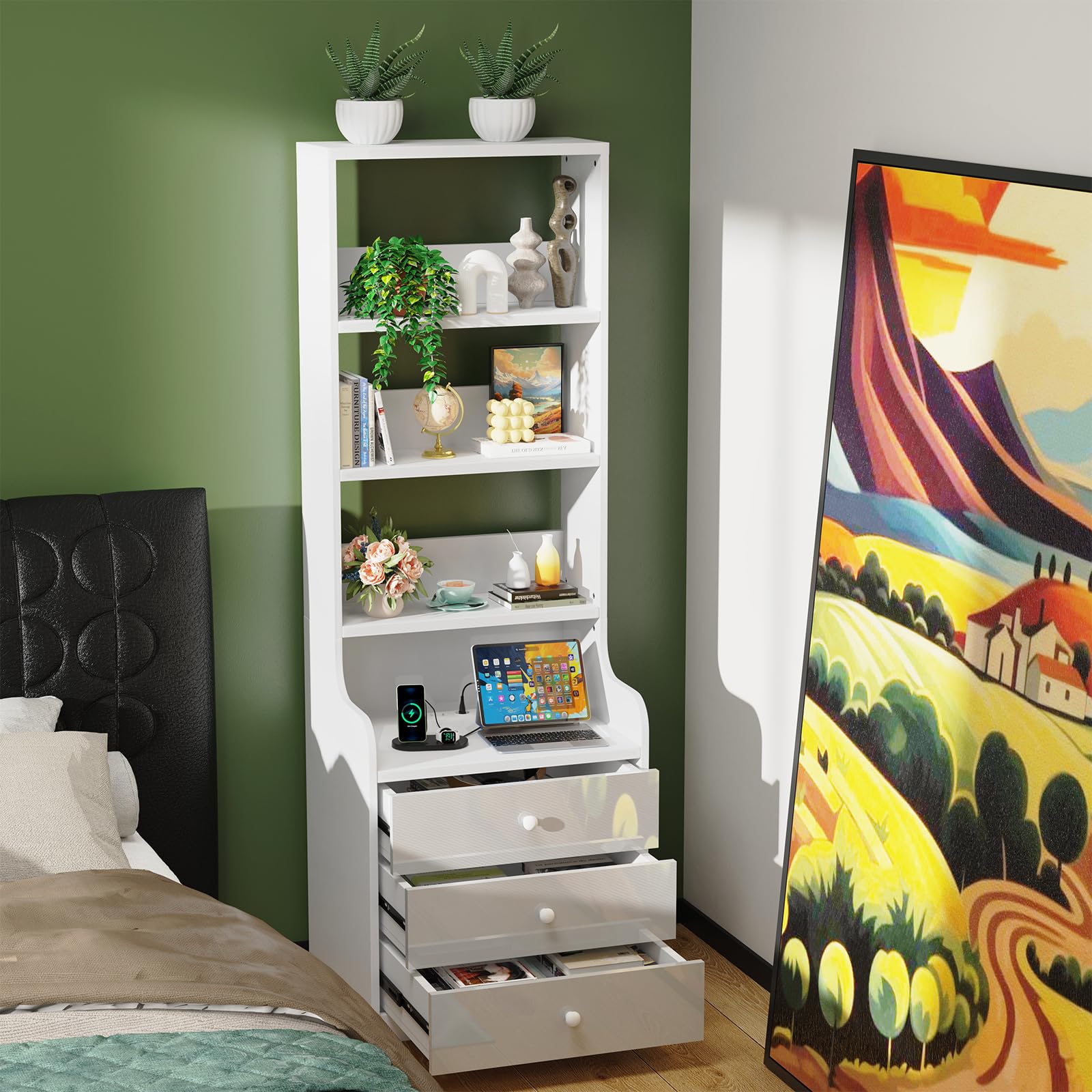 Comodino Camera da Letto Moderno Con Stazione di Ricarica, Comodini Camera da Letto con 3 Scomparti a 3 Cassetti, Grande Tavolino da Letto Tavolo da Divano Soggiorno 40x50x176cm Cassettiera Bianco