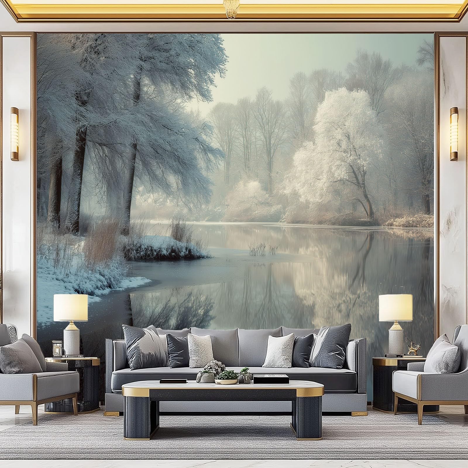 Fototapeta 300 x 210 cm ściany dekoracja salonu wzór natura do sypialni salonu tapeta z włókniny, biały las i mglisty lodowe jezioro