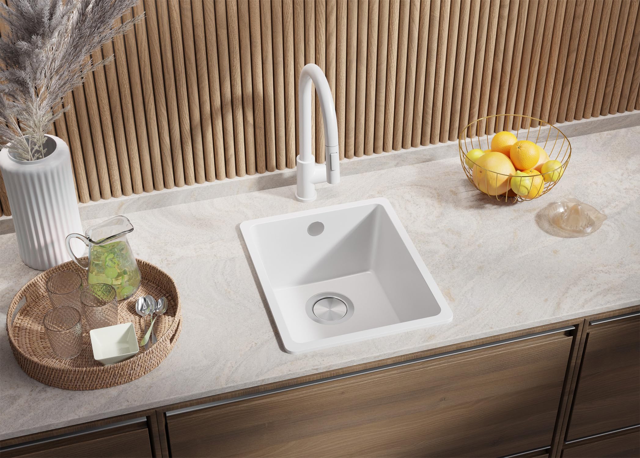 PRIMAGRAN Fregadero Cocina Blanco 36x44cm, Granito 1 Seno + Sifón, Sobre Encimera al Mueble 40cm - Venecia Easy Slim S002