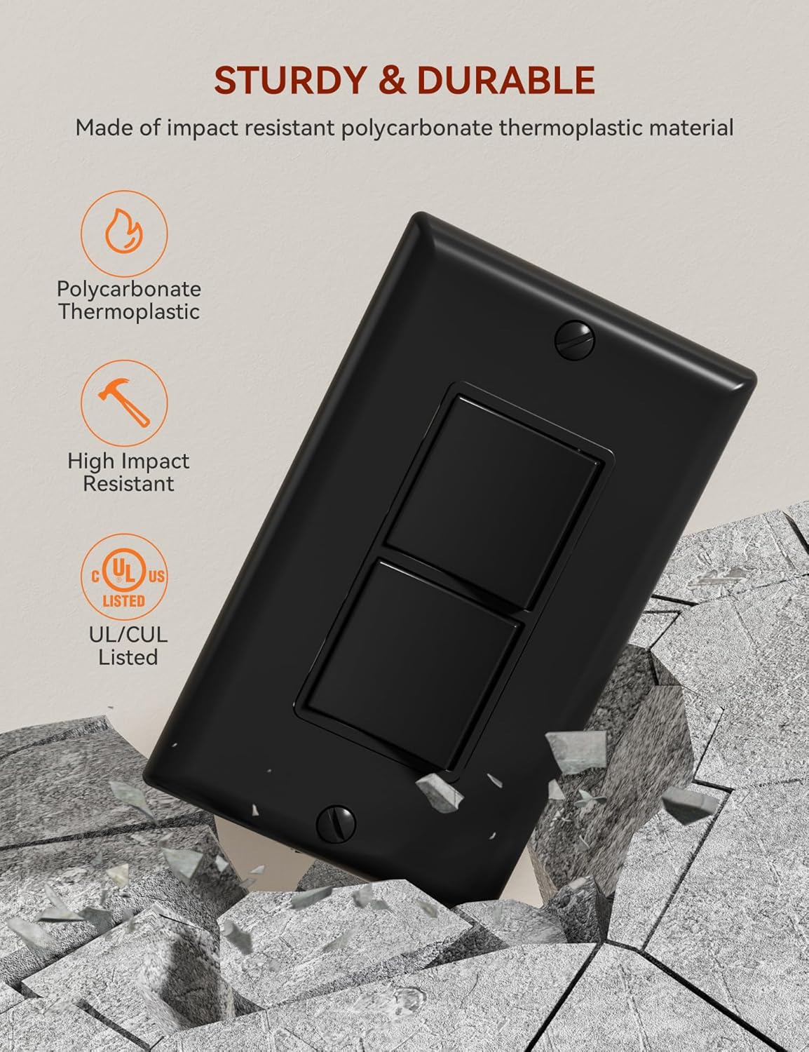 AIDA Double Paddle Rocker Switch demonstrating high impact resistance and UL/CUL listing.