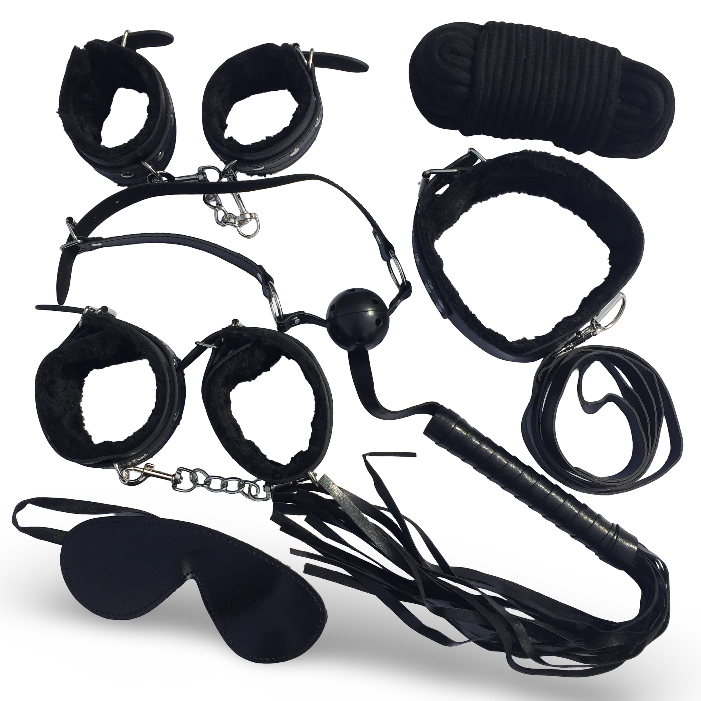 7-Piece Black Bondage Kit with Adjustable Cuffs, Blindfold, Collar, Ball Gag, Rope, Whip, and Leash – Faux Leather and Soft Lining for Comfort