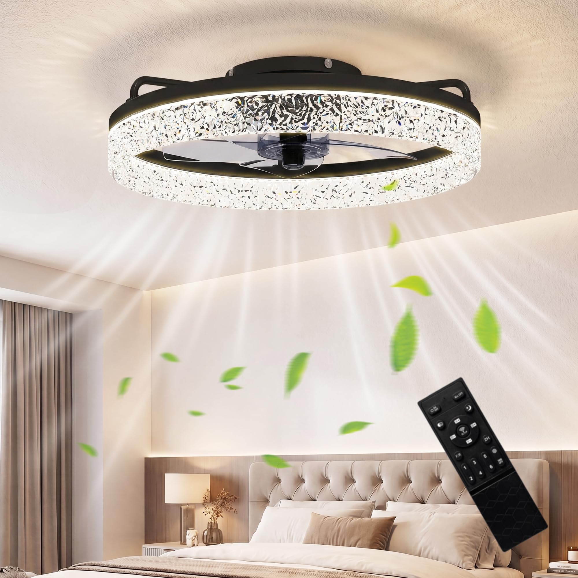 HOMCOM Deckenventilator mit Beleuchtung und Fernbedienung, Ø50 cm, 40 W Dimmbare Leise LED Deckenleuchte mit Ventilator, 6 Geschwindigkeiten, umkehrbar DC Motor, Timer, Schwarz